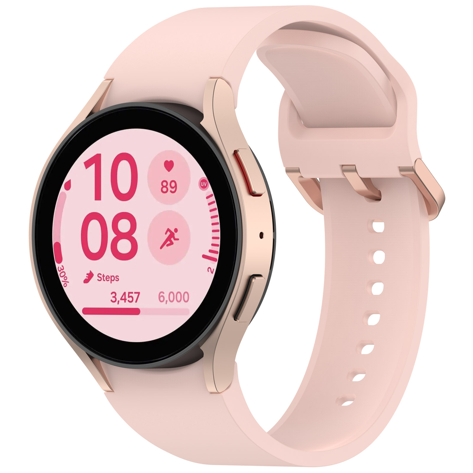 Różowy smartwatch z jasnoróżowym paskiem. Ekran wyświetla datę, godzinę, kroki i tętno.
