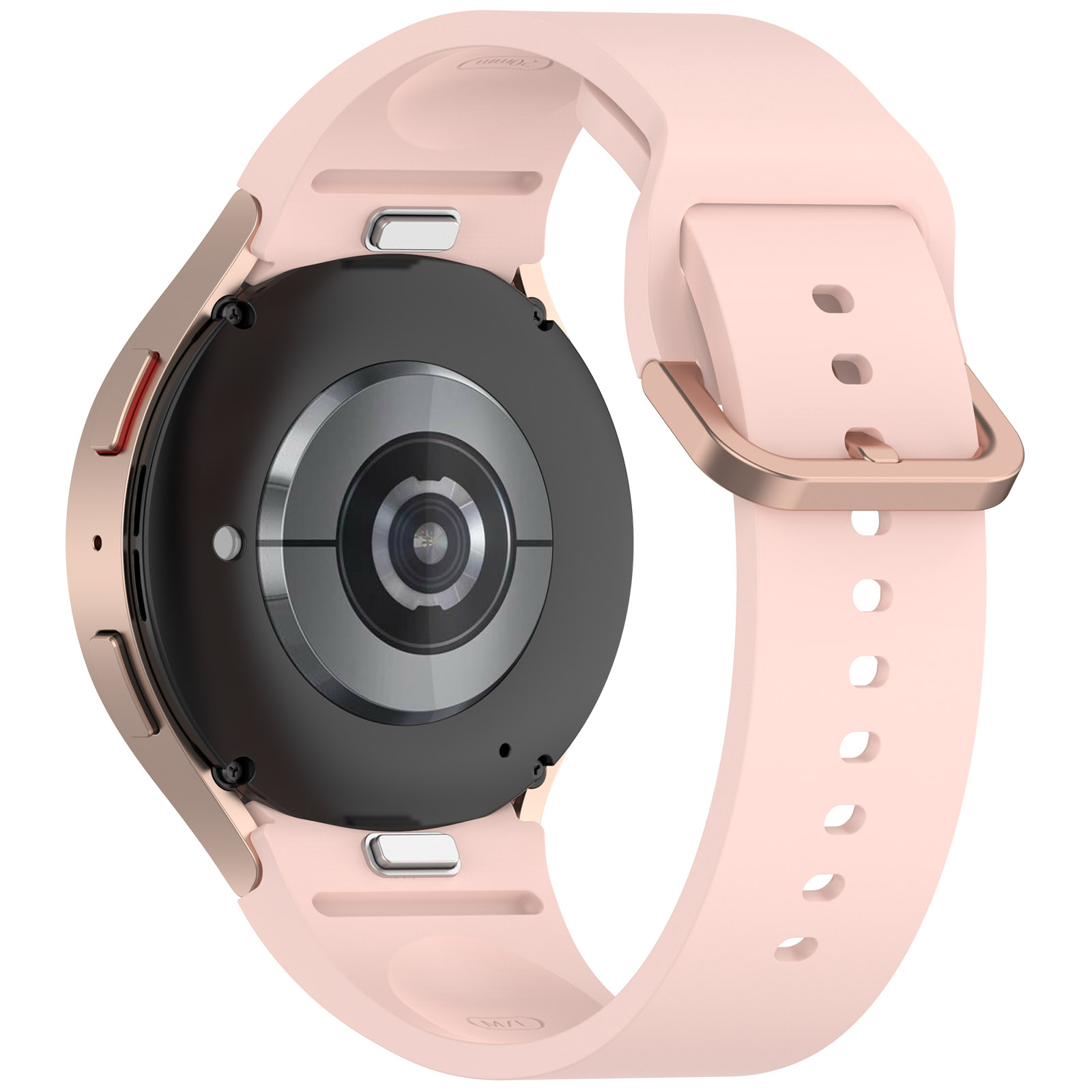 Smartwatch z różowym paskiem i czarną tarczą. Widok z tyłu, na białym tle.