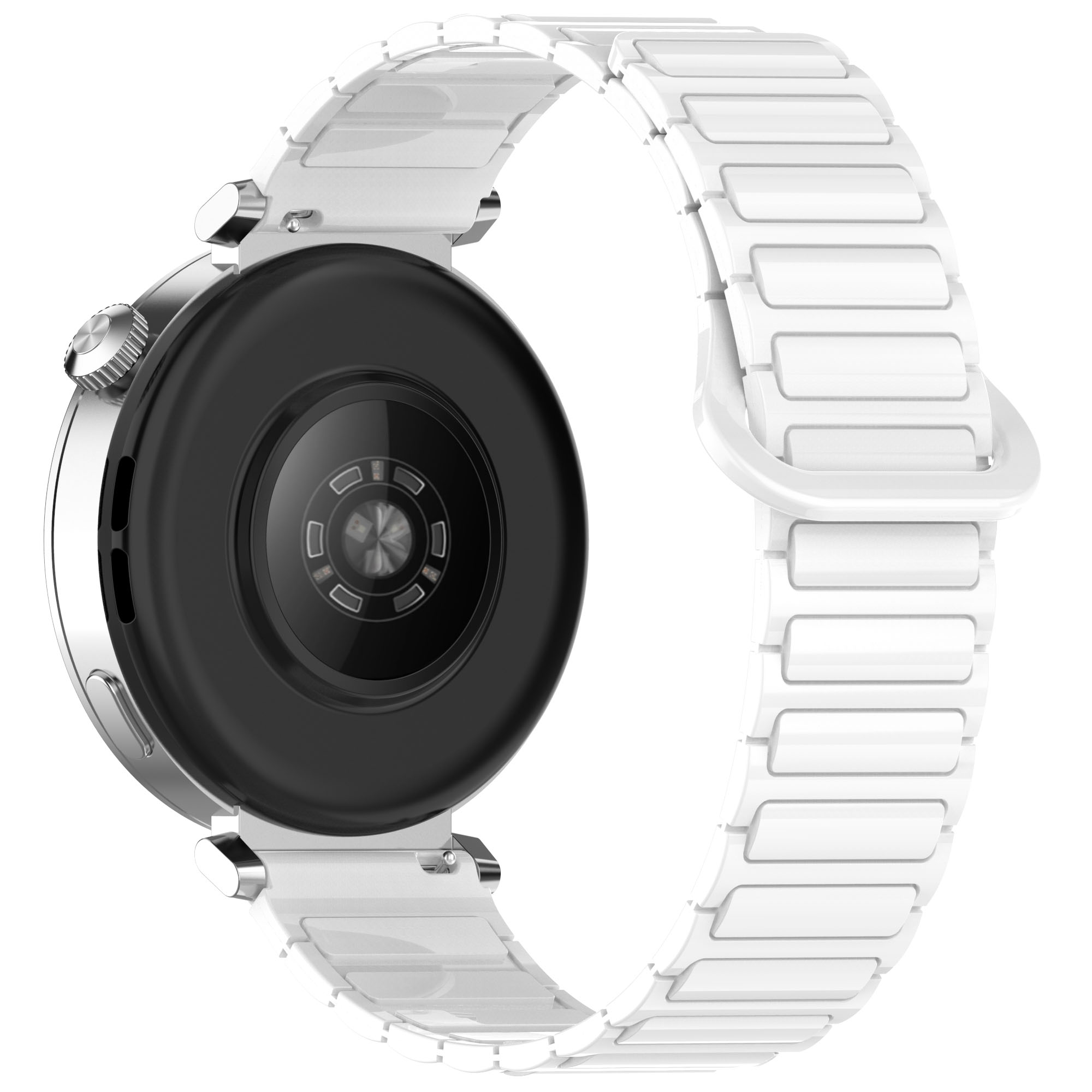 Die Rückseite einer weißen Smartwatch mit schwarzem Sensor und weißem Armband.