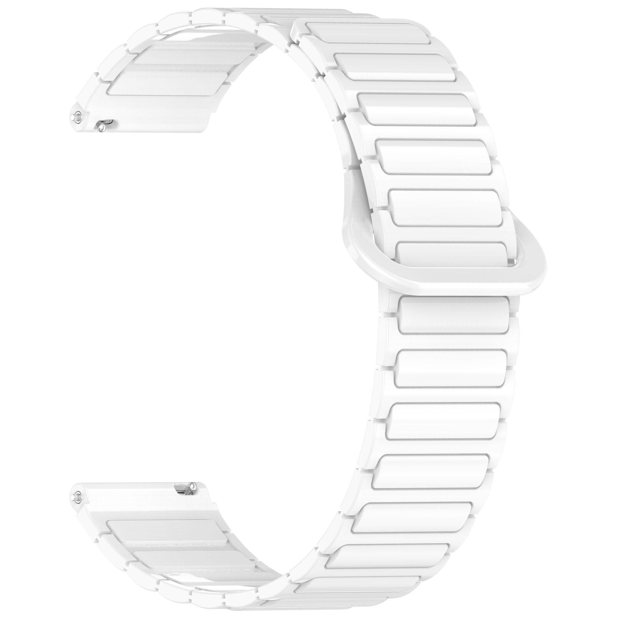 Ein weißes Uhrenarmband mit Verschluss, in gebogener Form. Glattes, sauberes Design.