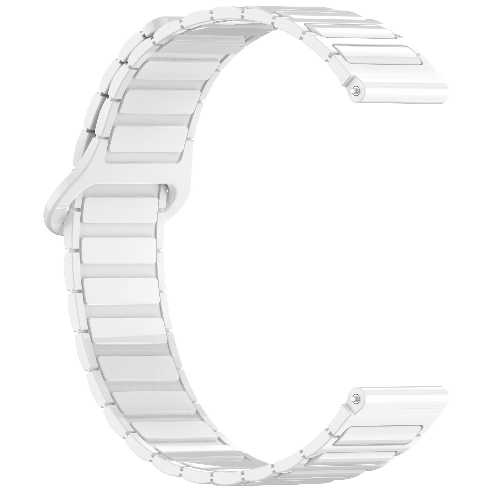 Ein weißes Uhrenarmband mit Verschluss, in gebogener Form. Glattes, sauberes Design.