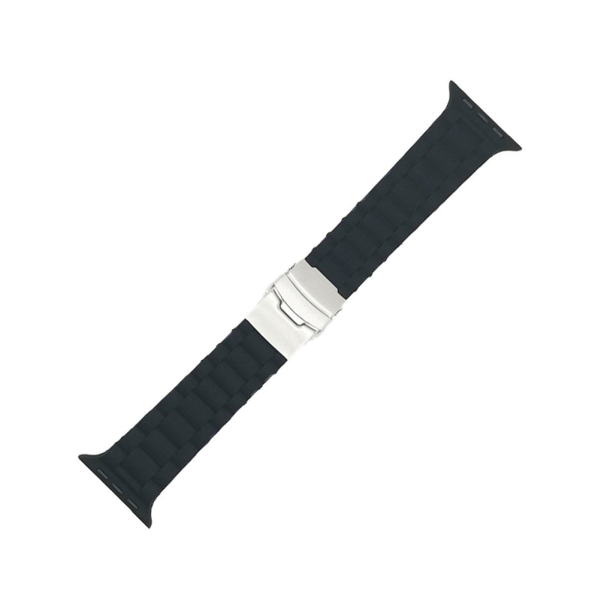 Dunkelgraues Uhrenarmband mit silberner Schließe, vor weißem Hintergrund, geschlossen.