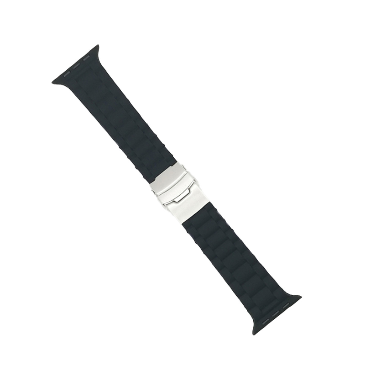 Ein dunkelgraues Uhrenarmband mit silberner Schließe, diagonal vor weißem Hintergrund.