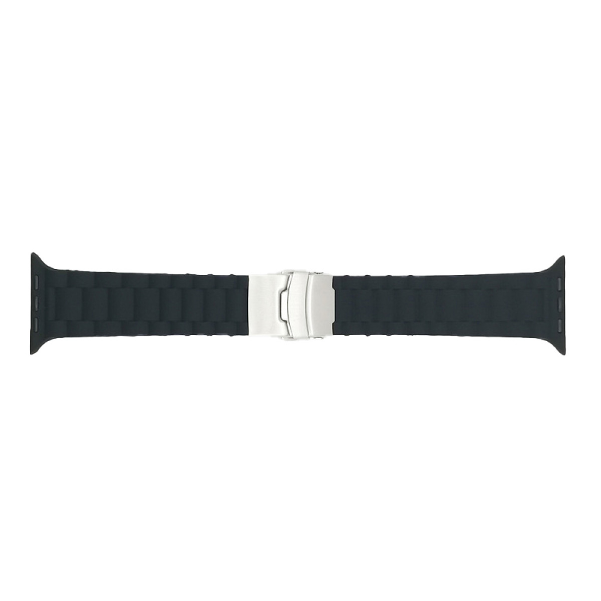 Dunkelgraues Uhrenarmband mit silberner Schließe, vor weißem Hintergrund, geöffnet.