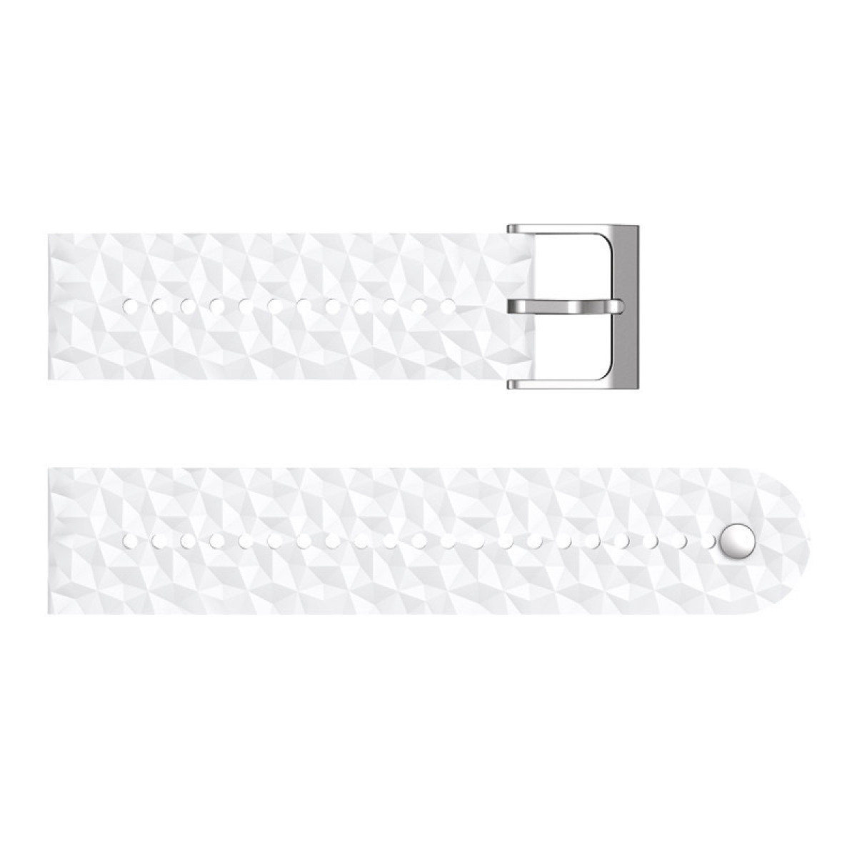 Witte horlogeband. De band heeft een geometrisch patroon en een zilveren gesp.