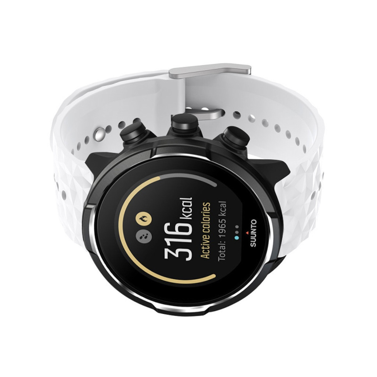 Een Suunto horloge met witte band tegen een witte achtergrond, toont verbrande calorieën.
