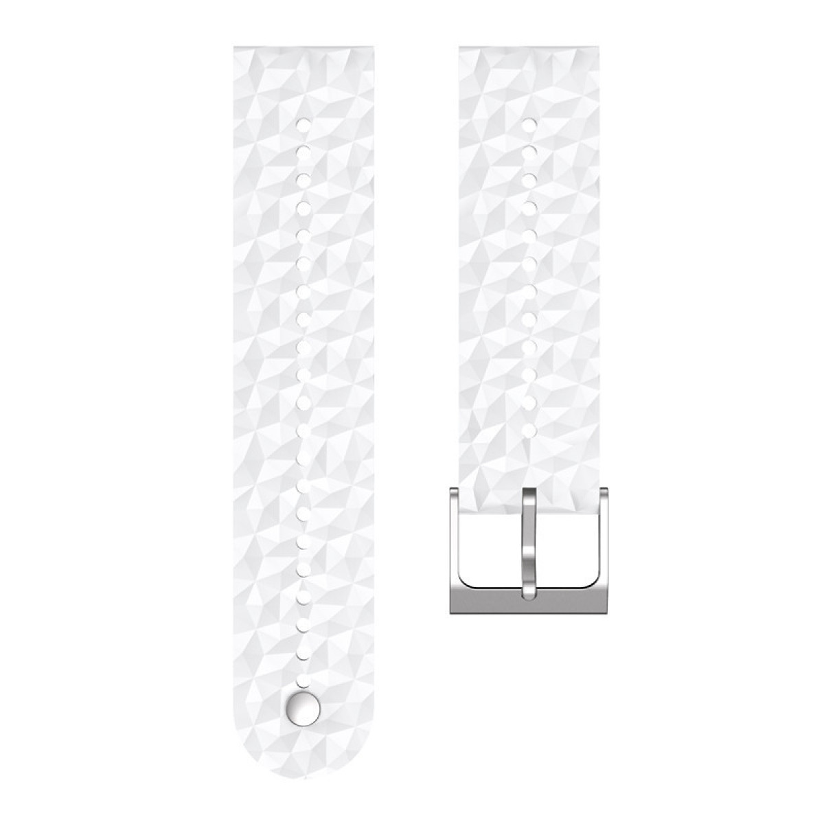 Twee witte horlogebandjes met een geometrisch patroon. Eén met een gesp.