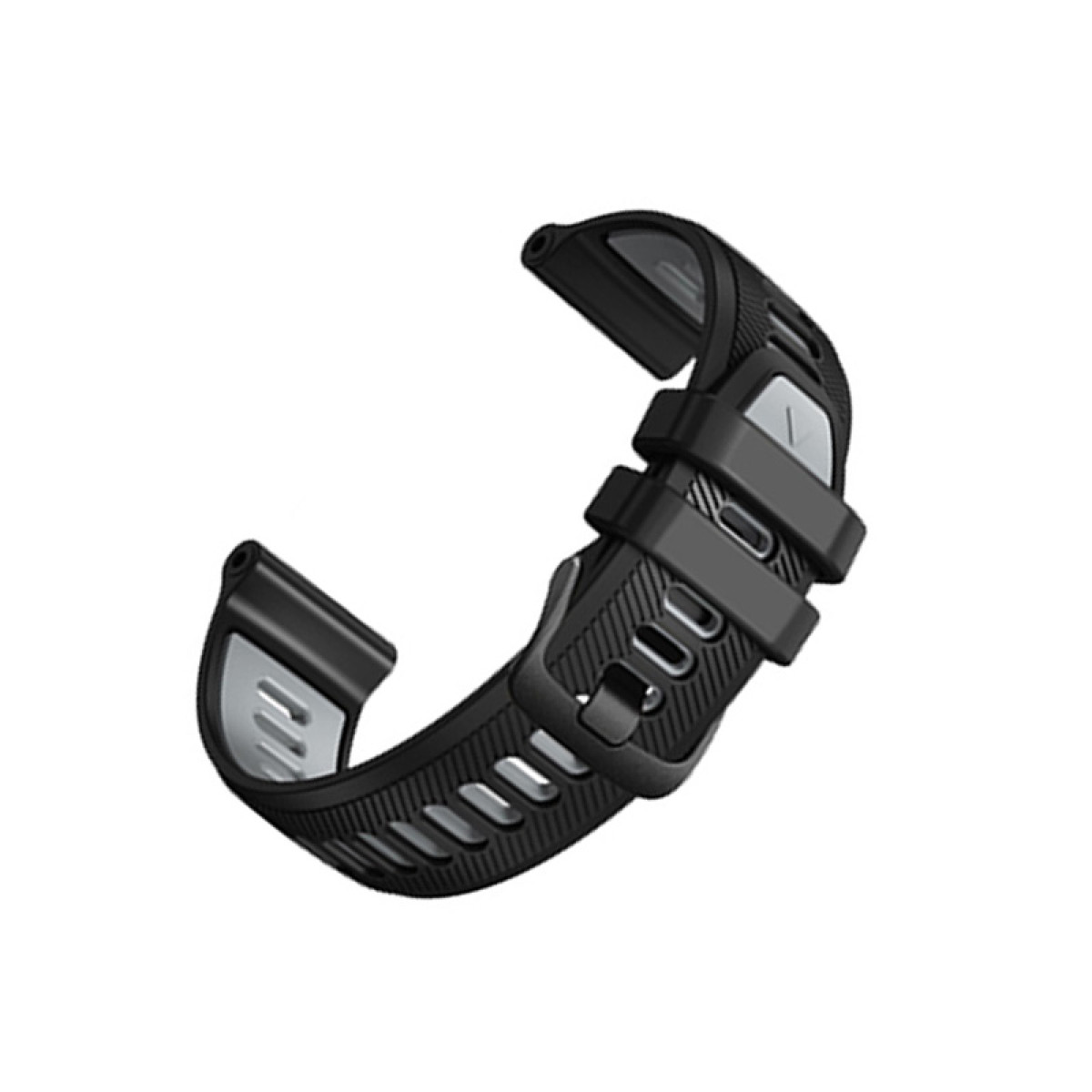 Czarny pasek do zegarka, zakrzywiony z otworami. Widoczna klamra i mocowanie. Izolowane.