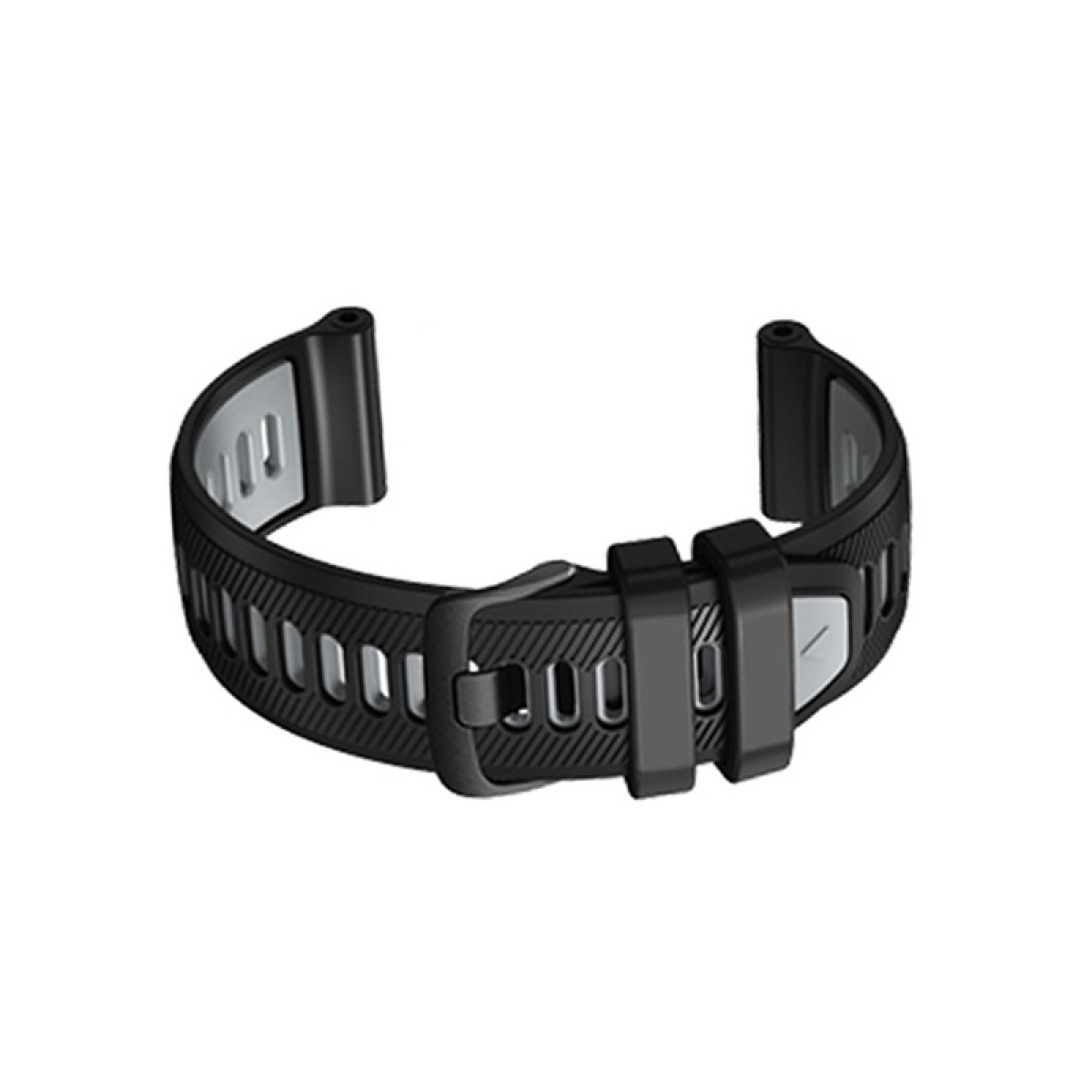 Czarny pasek do zegarka z klamrą. Pasek ma teksturowaną powierzchnię i kontrastowe szare wnętrze.