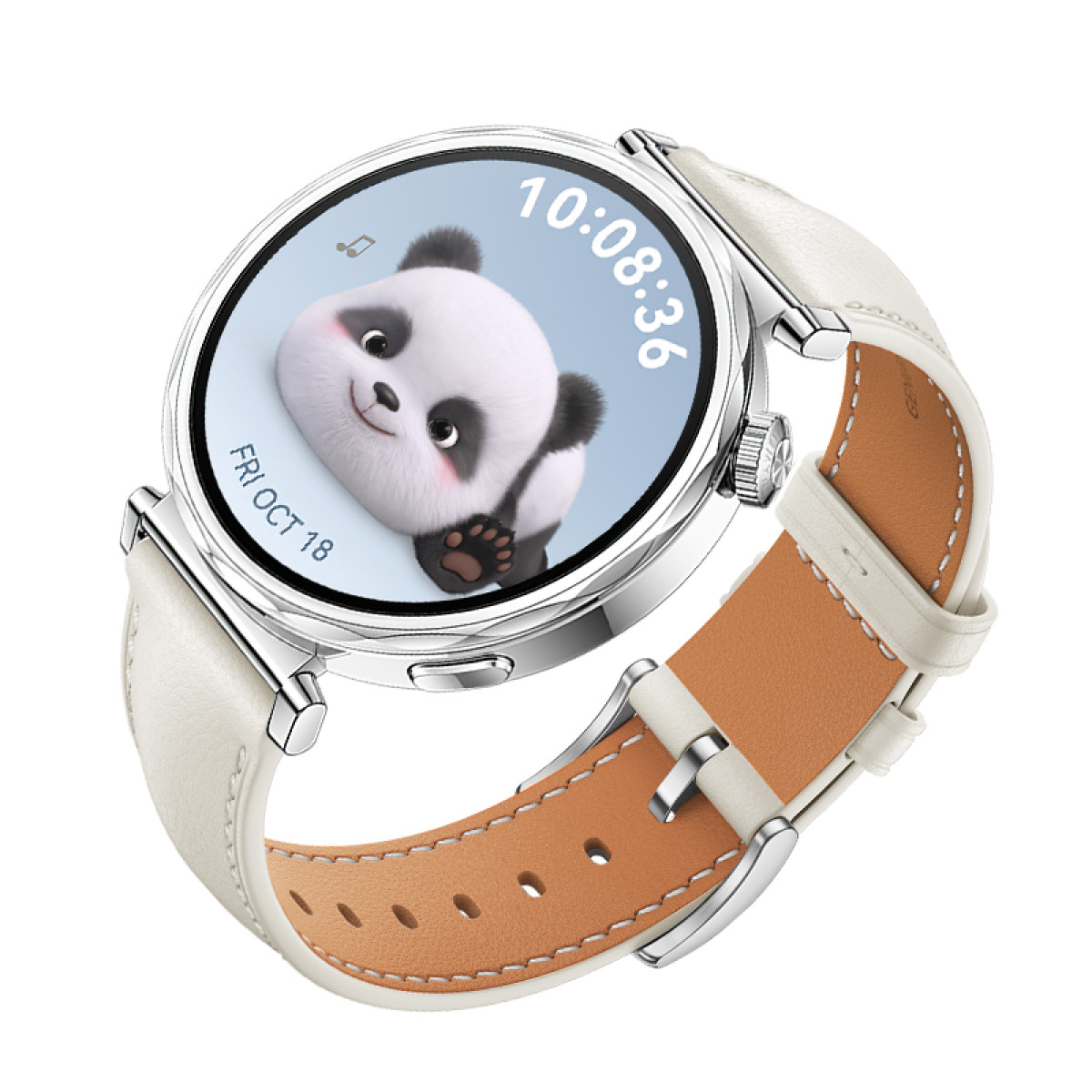 Smartwatch mit Panda-Gesicht auf dem Bildschirm. Die Uhr hat ein weißes Armband und eine silberne Lünette.