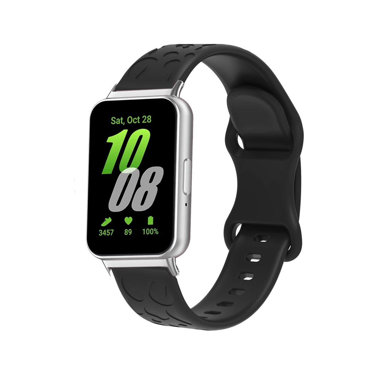 Schwarze Smartwatch auf Weiß. Zeigt Zeit, Schritte, Herzfrequenz und Akkustand. Schwarzes Armband.