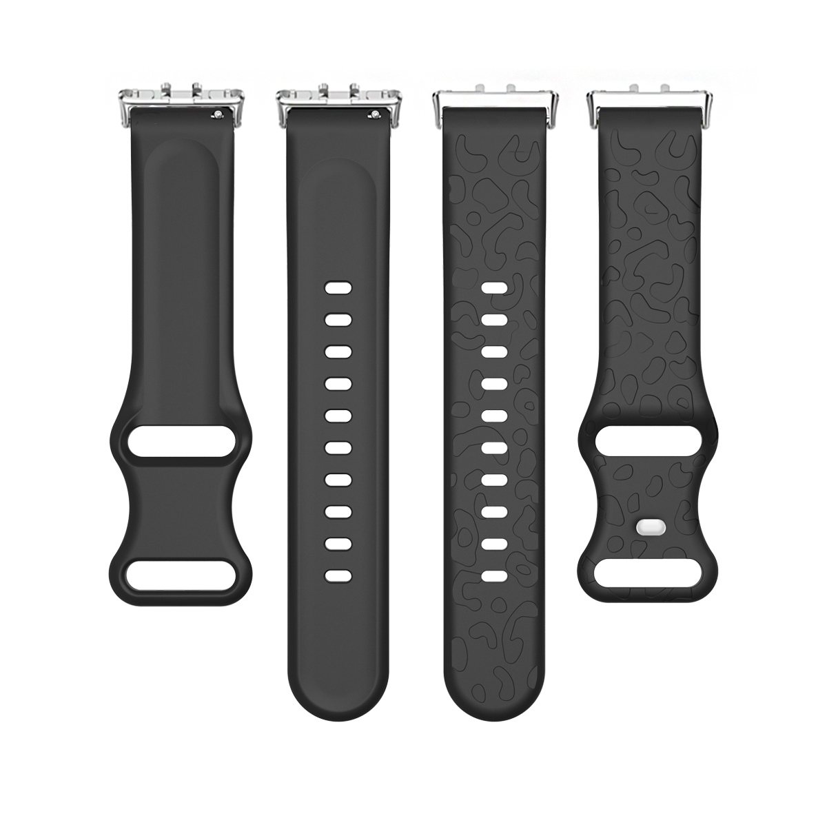 Vier schwarze Uhrenarmbänder. Verschiedene Designs. Weißer Hintergrund.