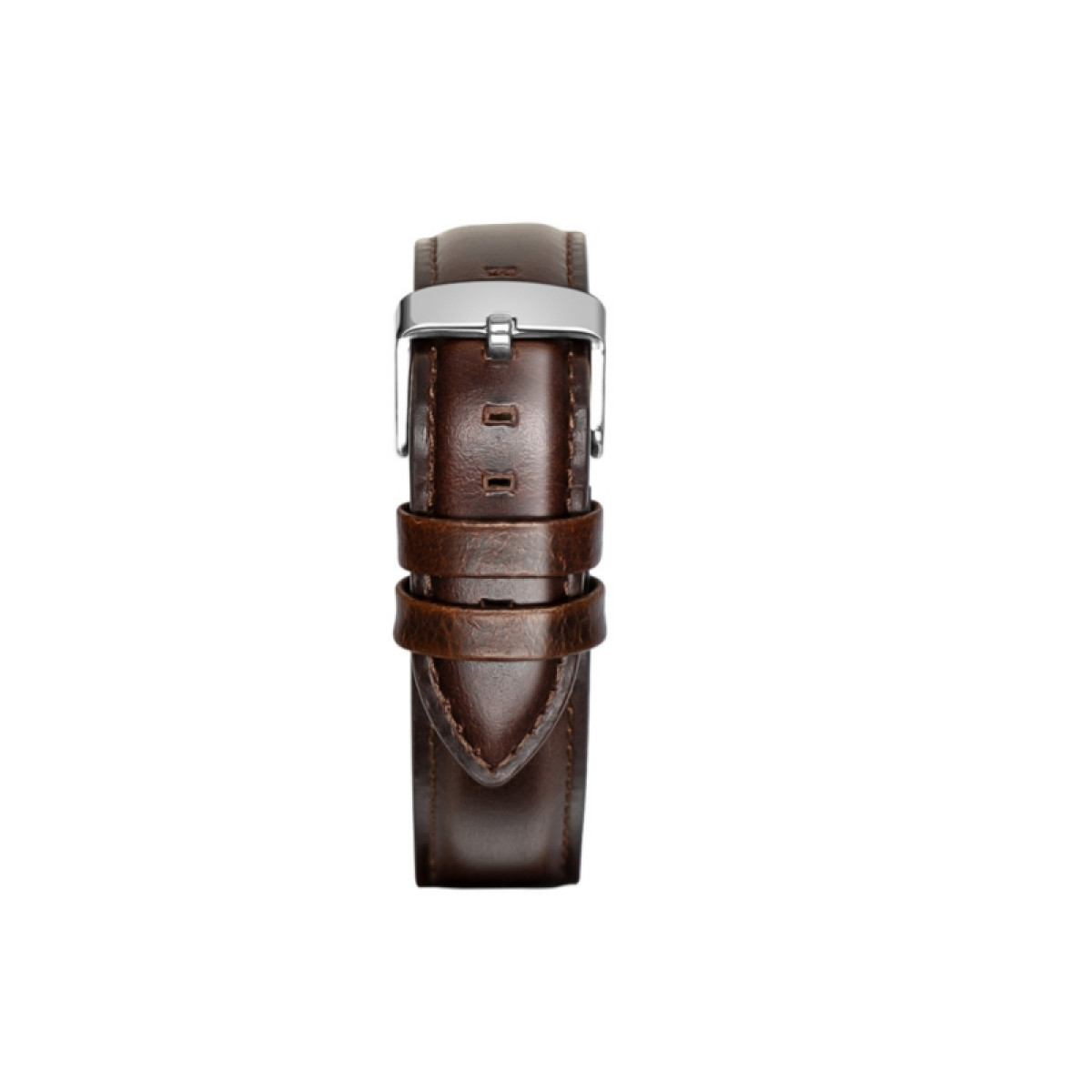 Braunes Leder-Uhrenarmband. Schnalle silberfarben. Detailaufnahme. Isoliert auf weißem Grund.