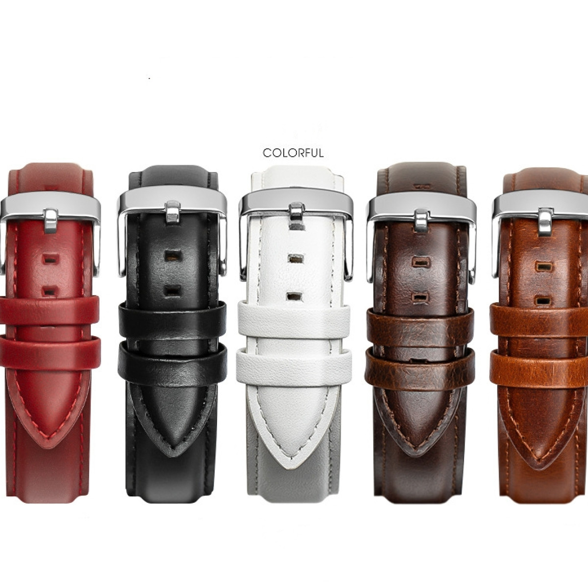 Fünf Leder-Uhrenarmbänder nebeneinander. Verschiedene Farben: rot, schwarz, weiß, braun, dunkelbraun.