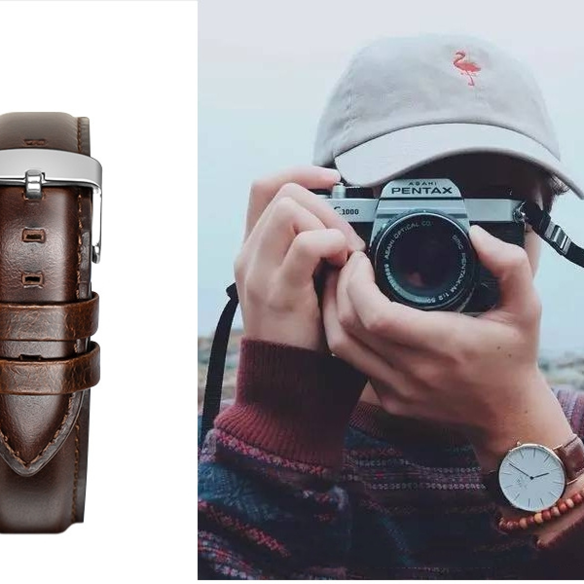 Eine Uhr mit braunem Lederarmband. Eine Person fotografiert mit einer Kamera. Eine Kappe wird getragen.