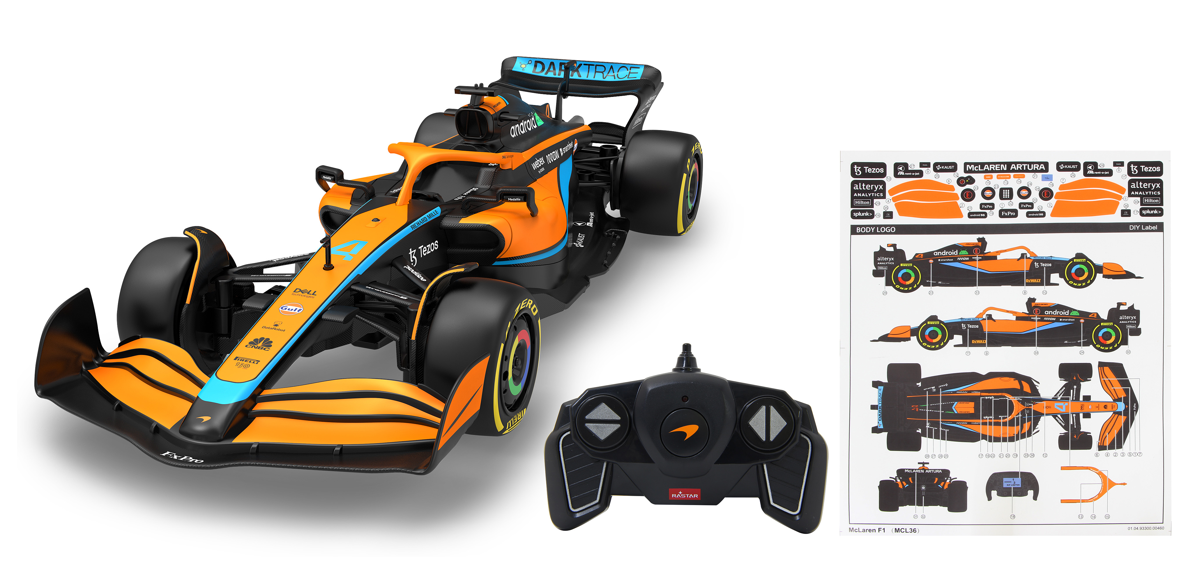 Ein Spielzeug-Rennwagen mit orange-blauem Design, Fernbedienung und einigen Aufklebern.