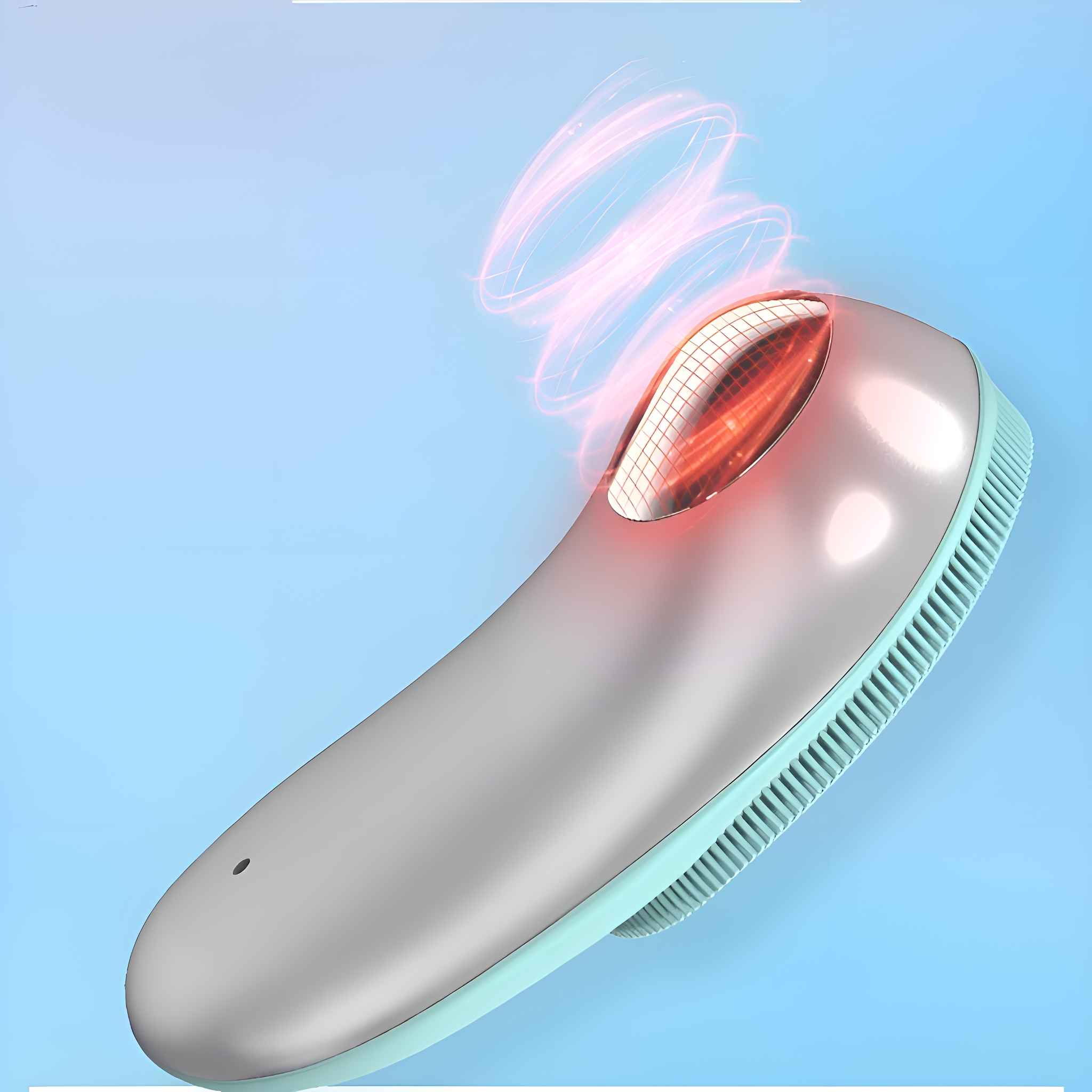 Ein silbernes Gesichtsmassagegerät mit teal-farbenem Sockel. Rotes Licht strahlt vom Massagekopf aus.