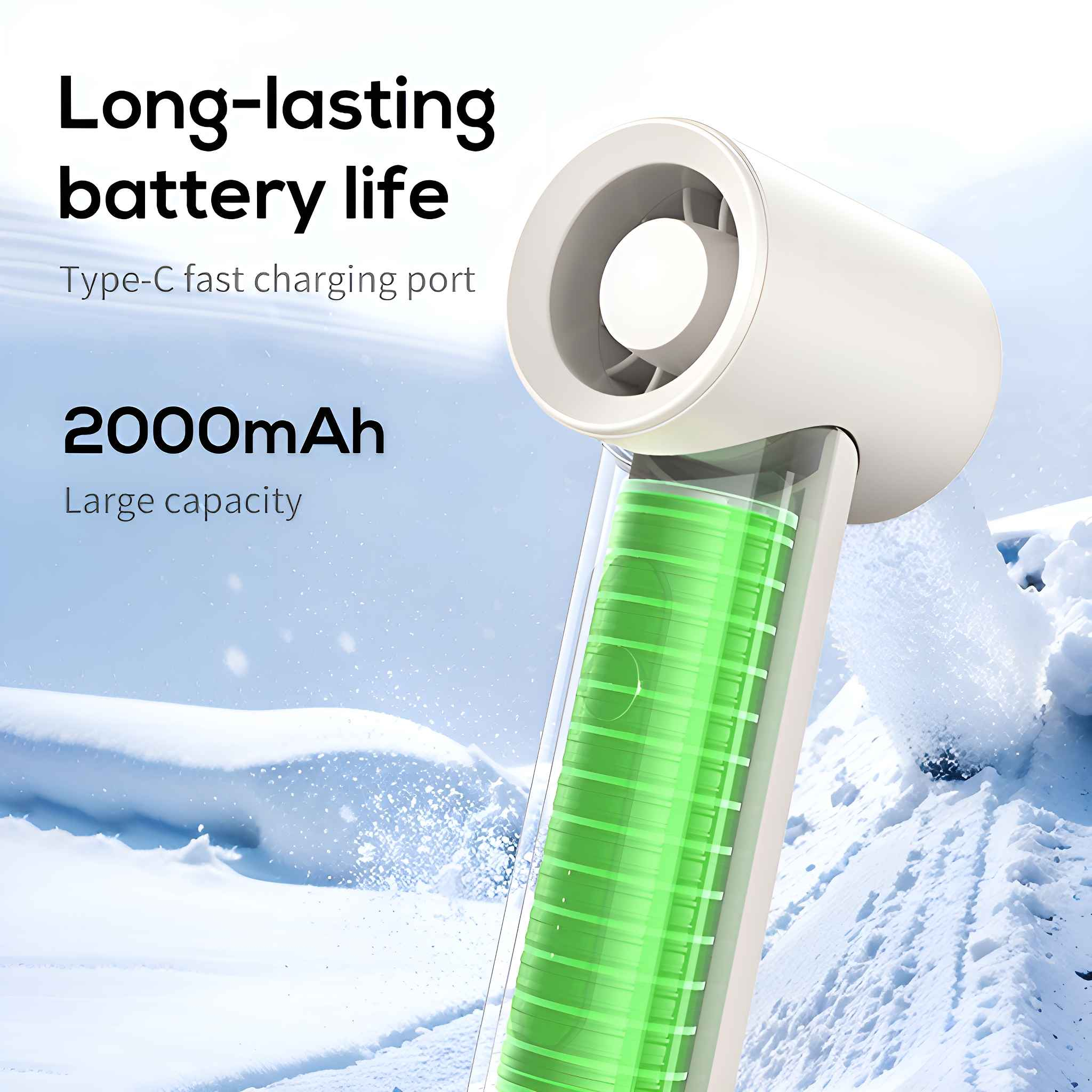 Ein weißer Handventilator mit grüner Akkuanzeige. Der Text zeigt eine Akkukapazität von 2000 mAh.