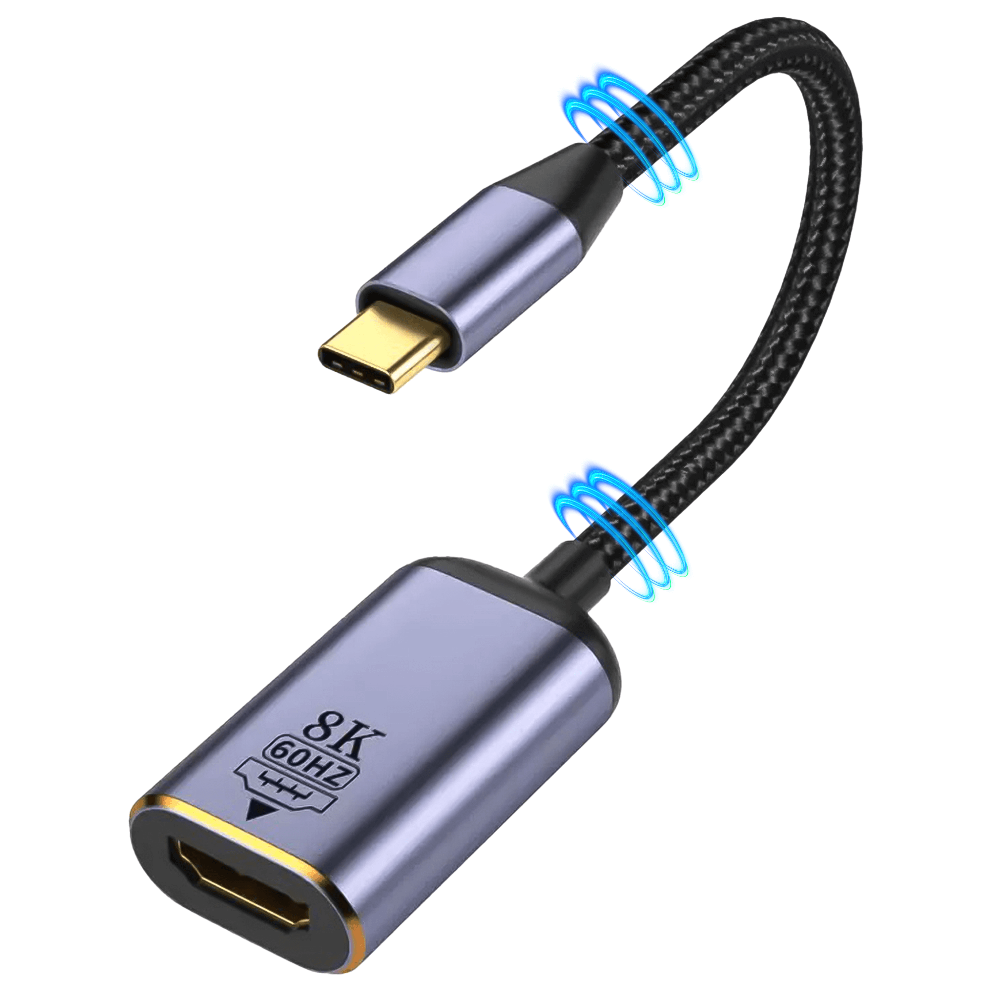 Srebrny i złoty kabel adaptera HDMI, podłączony do złącza USB-C. Kabel jest czarny i szary.