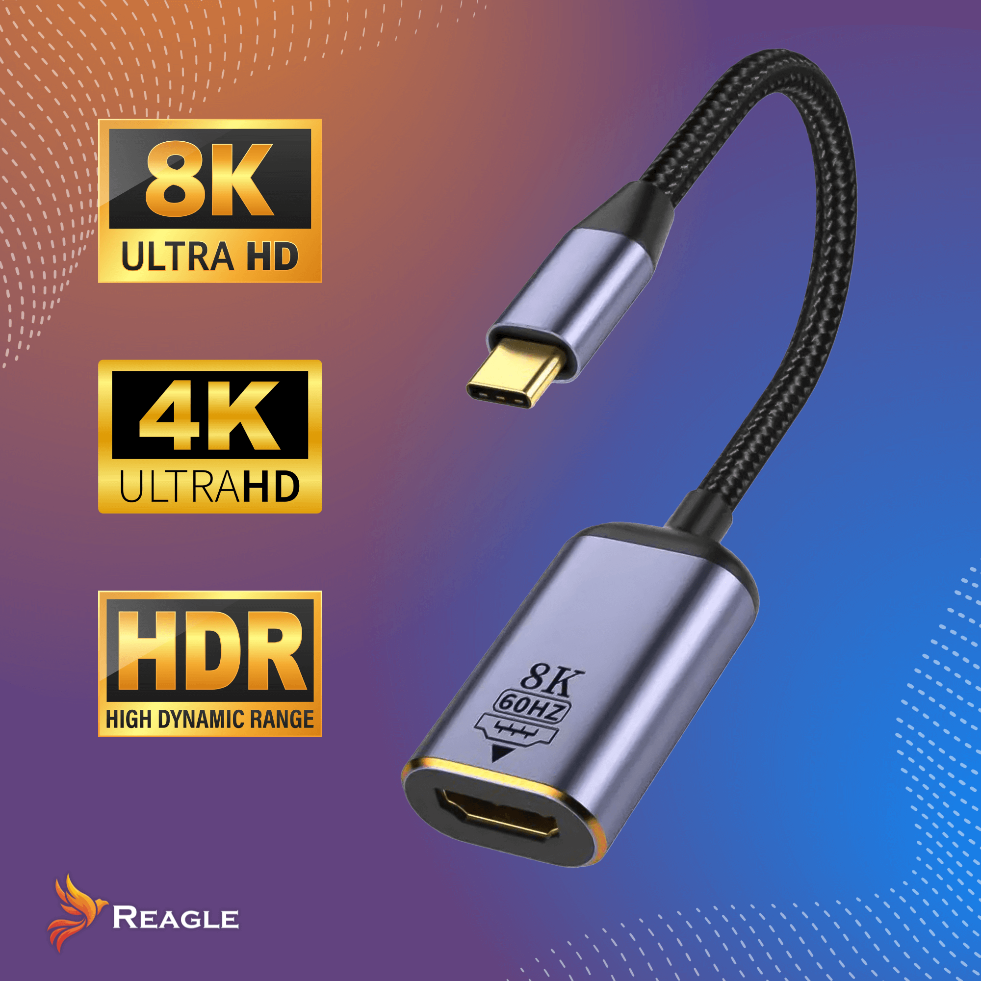 Adapter HDMI na USB-C z etykietami 8K, 4K i HDR. Na tle gradientu.