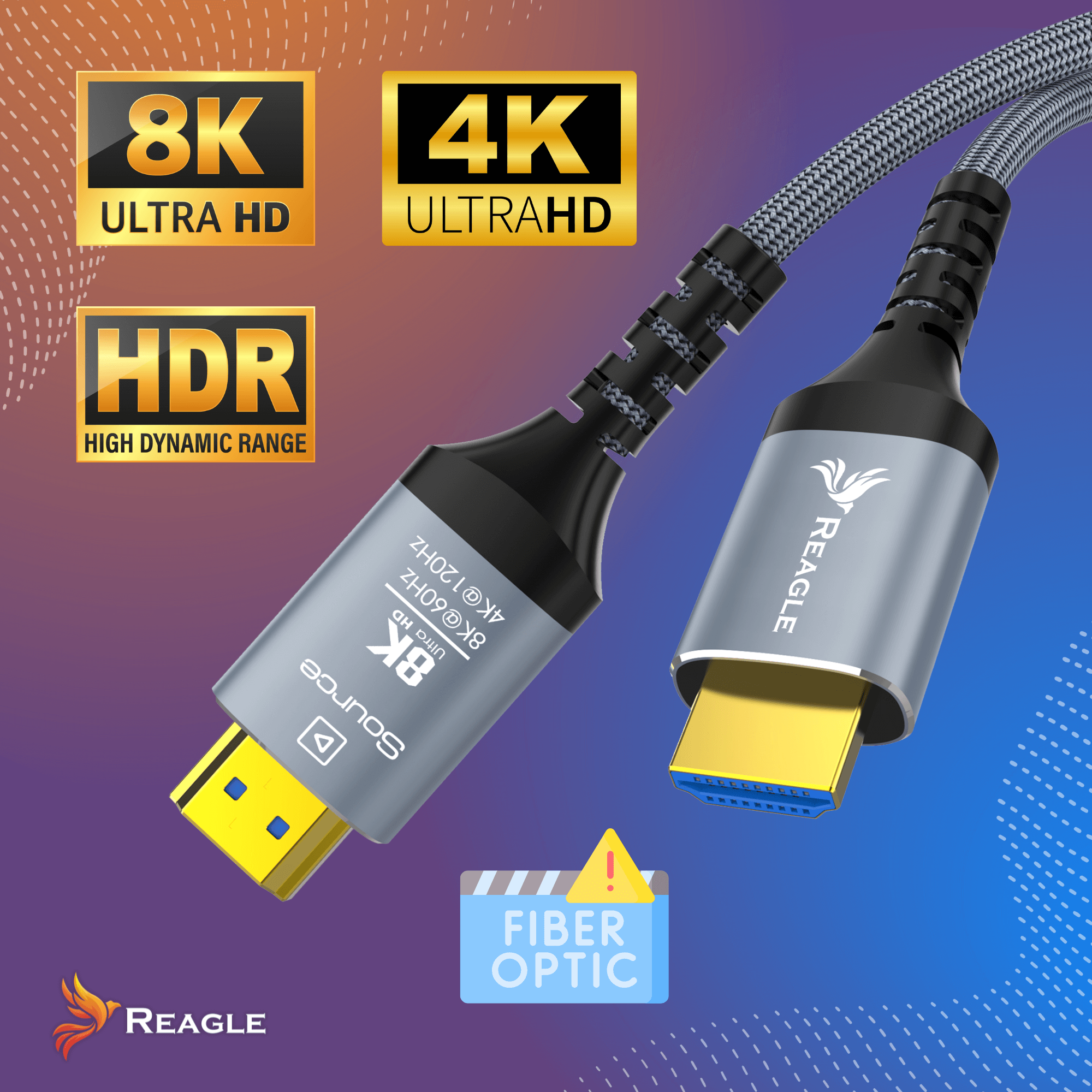 Kabel HDMI z etykietami '8K Ultra HD' i '4K Ultra HD'. Pokazano logo 'REAGLE'. Obecna jest etykieta 'Fiber Optic'.