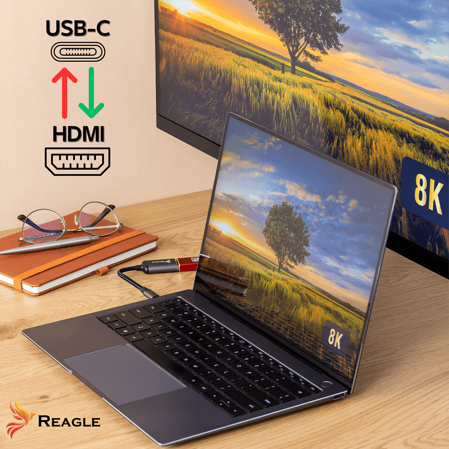 Laptop podłączony do monitora za pośrednictwem adaptera USB-C do HDMI. Monitor wyświetla obraz 8K.