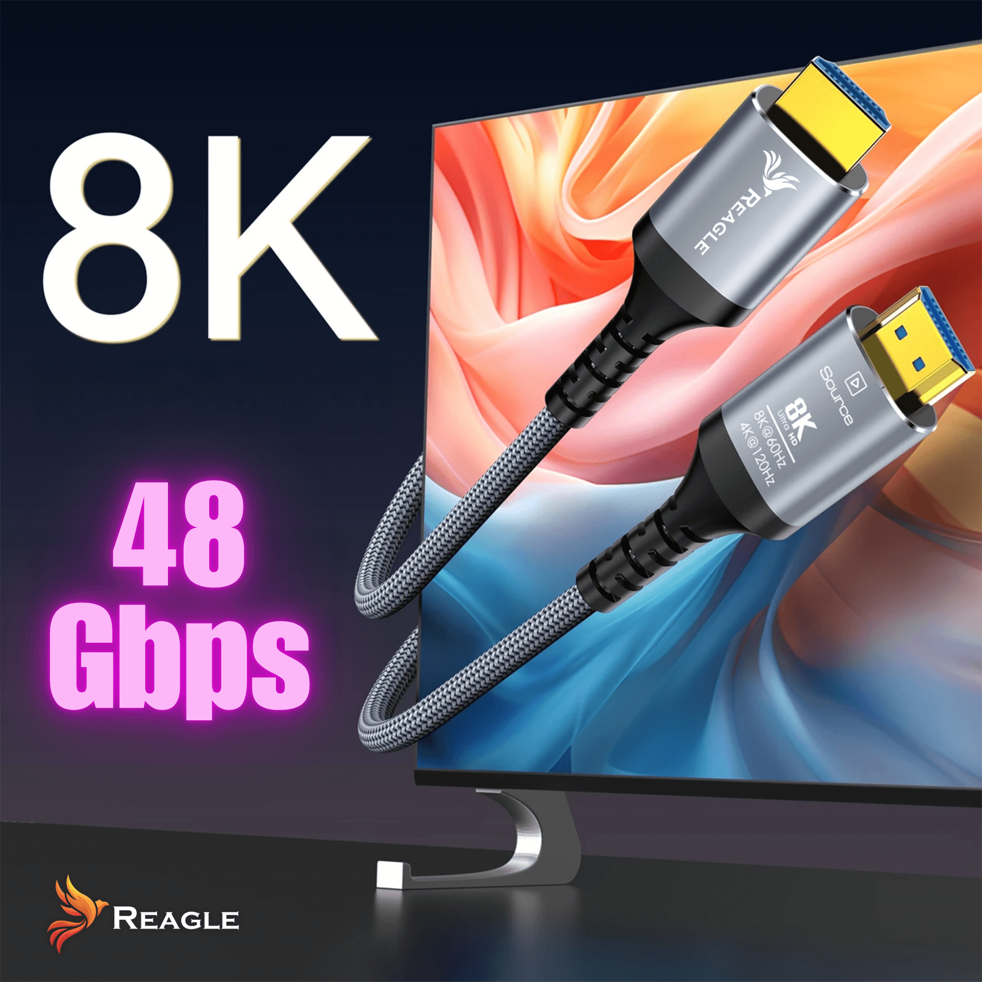 Dwa kable HDMI ze srebrnymi złączami. Tekst wskazuje rozdzielczość 8K i 48 Gbps.