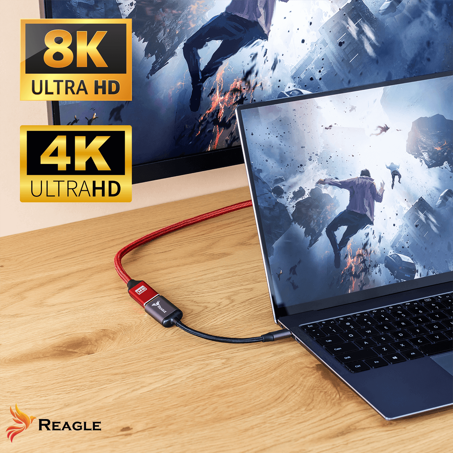 Adapter HDMI na USB-C podłączony do laptopa i wyświetlacza. Wyświetlacz pokazuje grafikę.