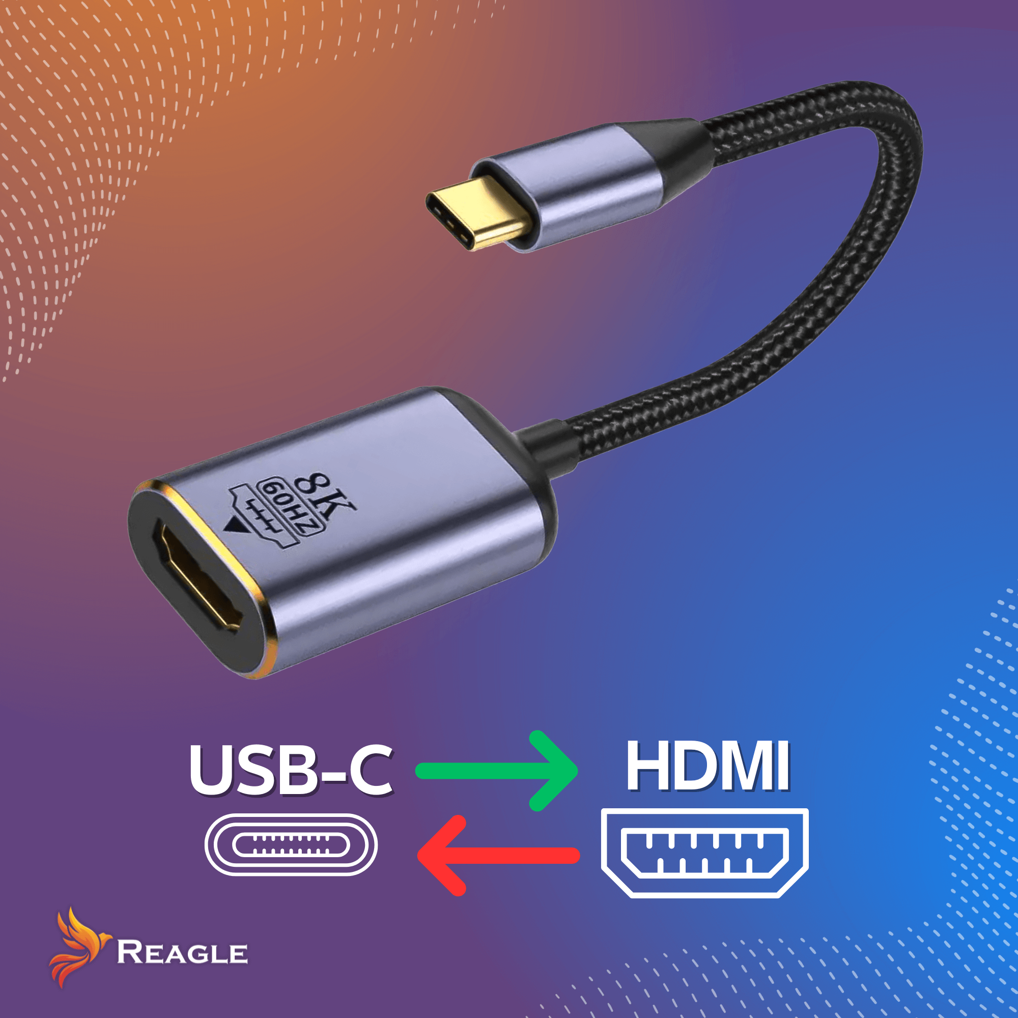 Adapter USB-C do HDMI z tekstem '8K 60Hz'. Kabel jest czarny i szary. Pokazano logo 'REAGLE'.