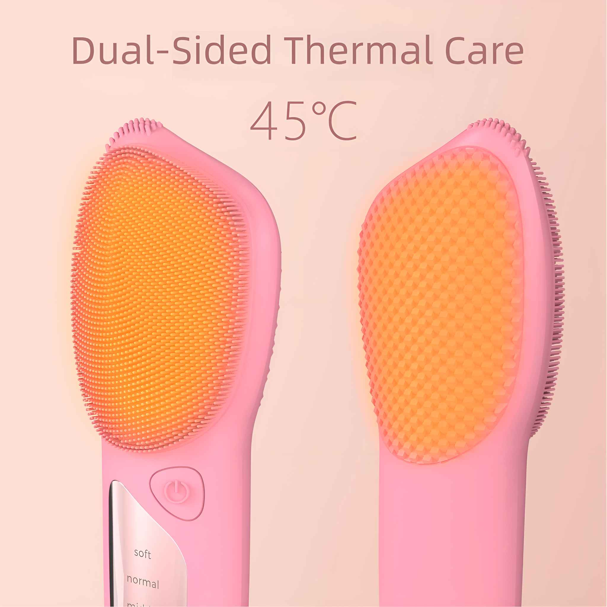 Zwei rosa Gesichtsbürsten, jede mit strukturierter Oberfläche. Der Text oben lautet 'Dual-Sided Thermal Care 45°C'.