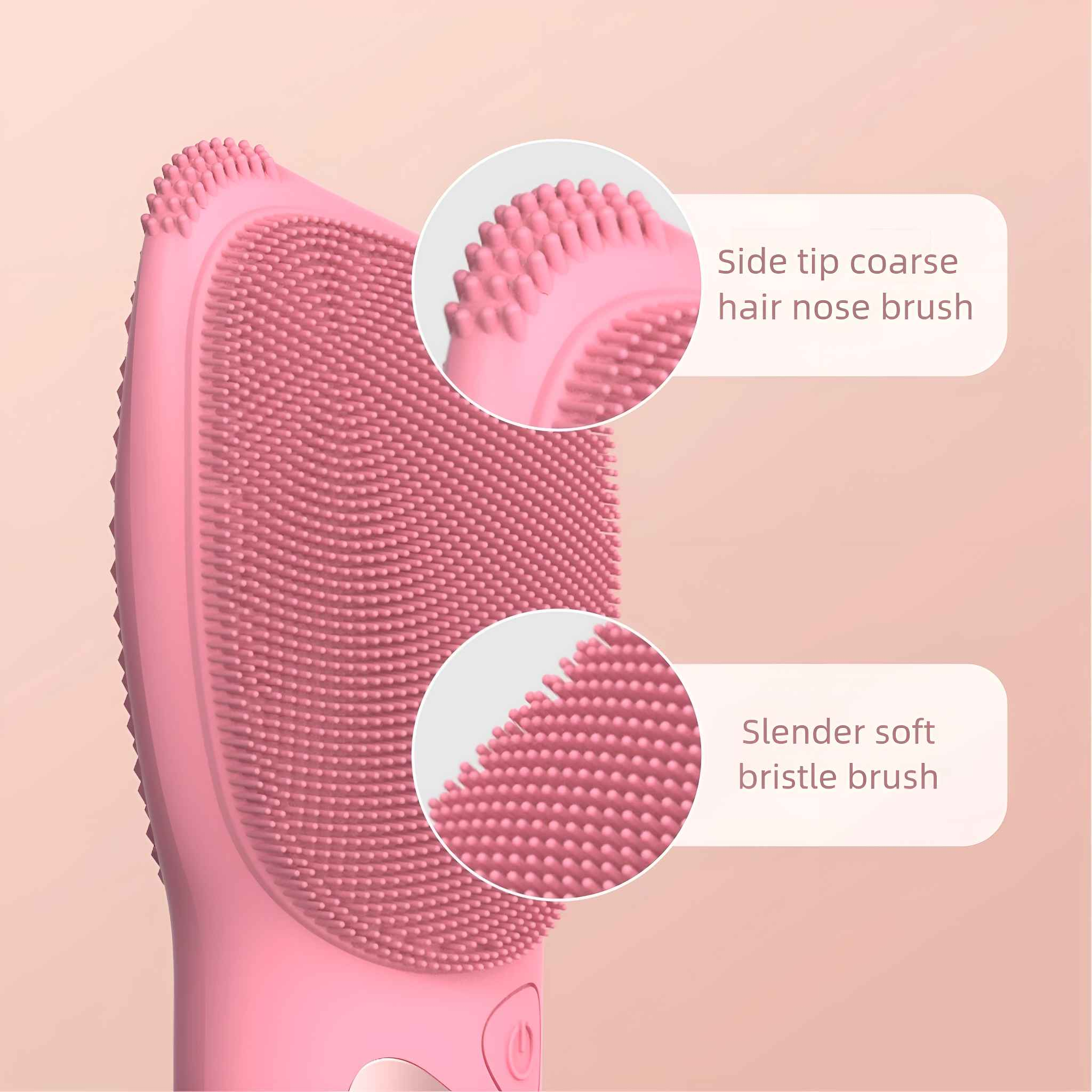 Eine rosa Gesichtsreinigungsbürste mit Etiketten, die auf die Borstenarten zeigen: weich und grob.