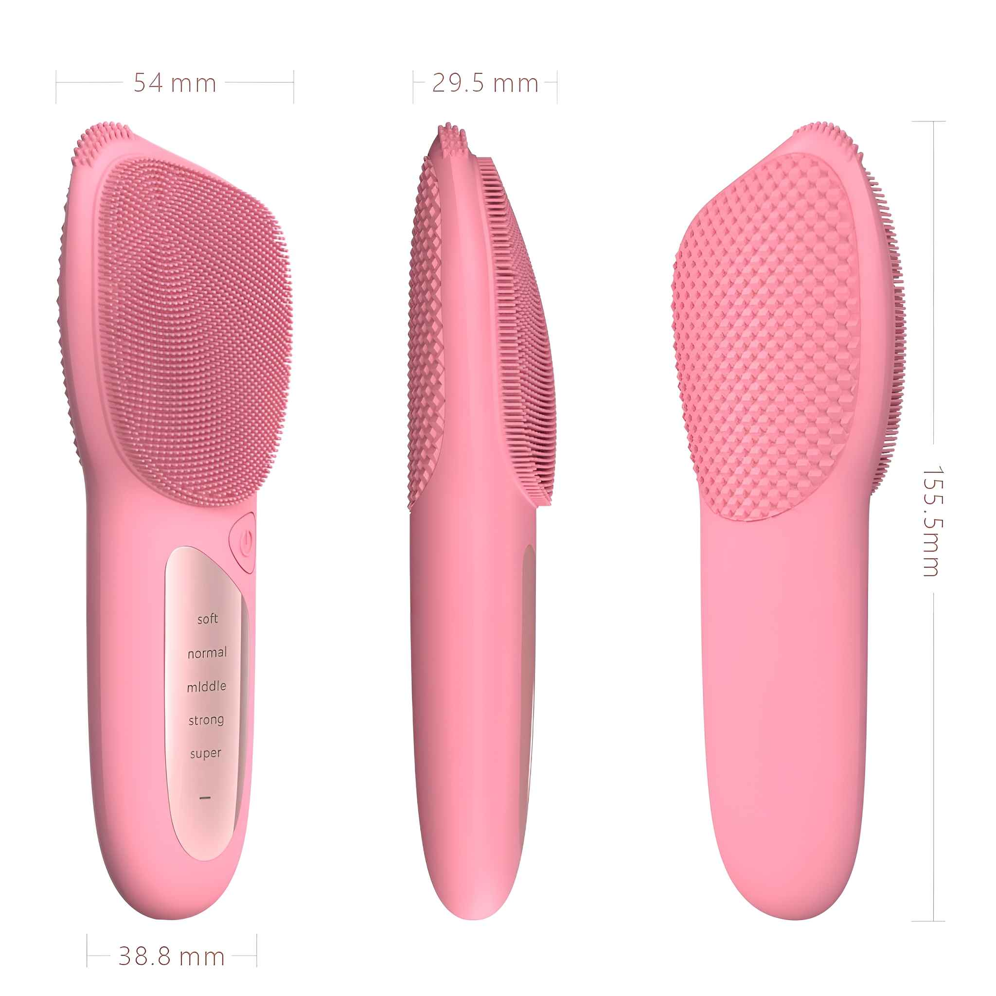 Drei Ansichten einer rosa Gesichtsreinigungsbürste mit Maßangaben.