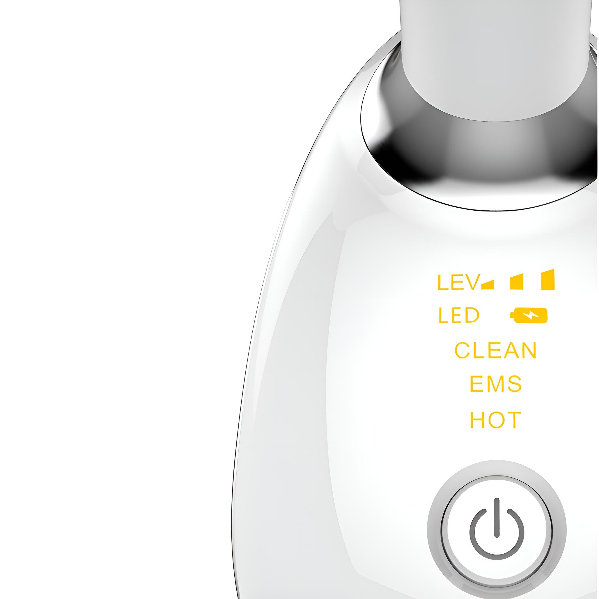 Weißes Gerät mit LED-Statusanzeigen: lev, led, clean, ems und hot. Ein Netzschalter ist ebenfalls sichtbar.