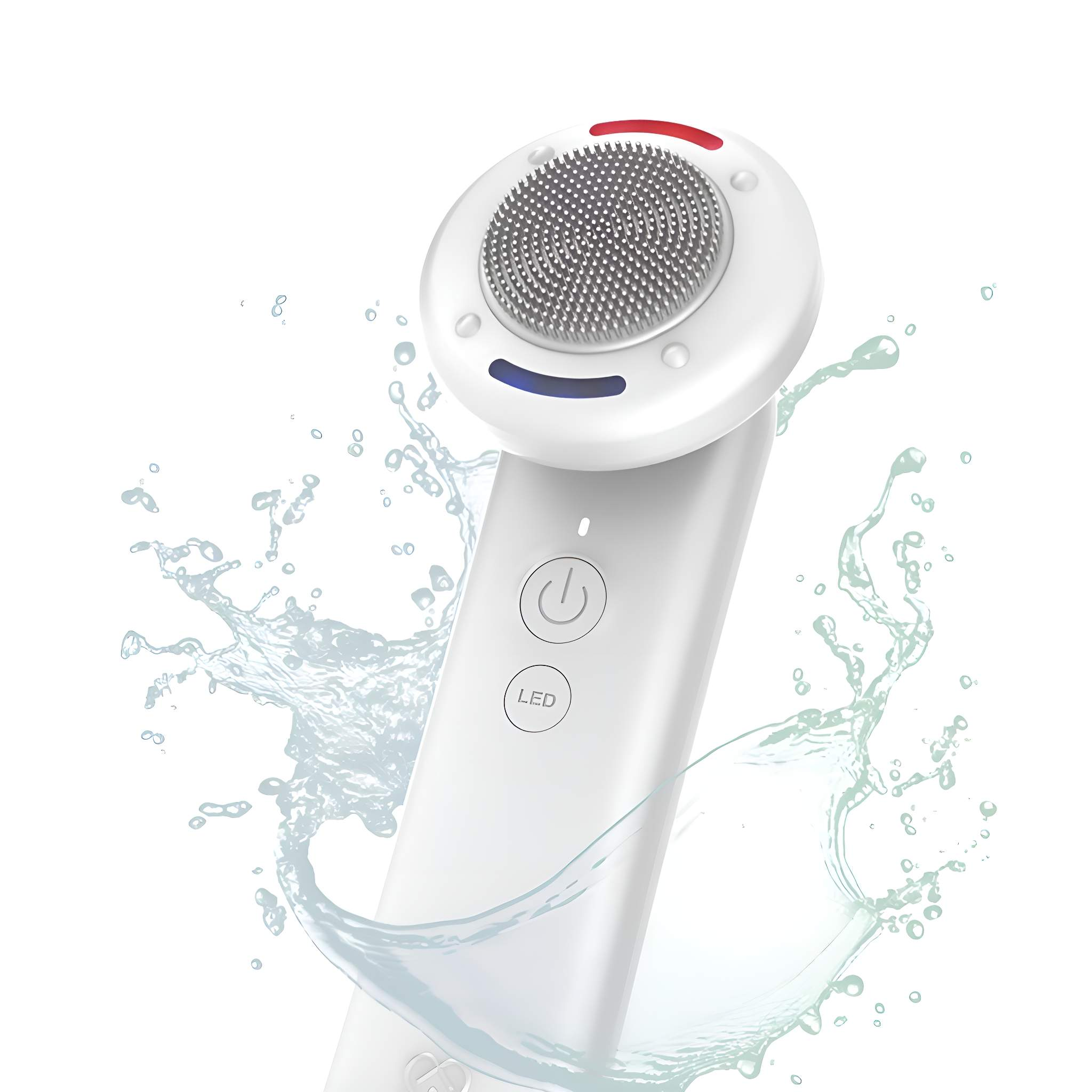 Weißes Gesichtsreinigungsgerät. Es hat einen runden Kopf mit Borsten und Knöpfen. Wasserspritzer herum.