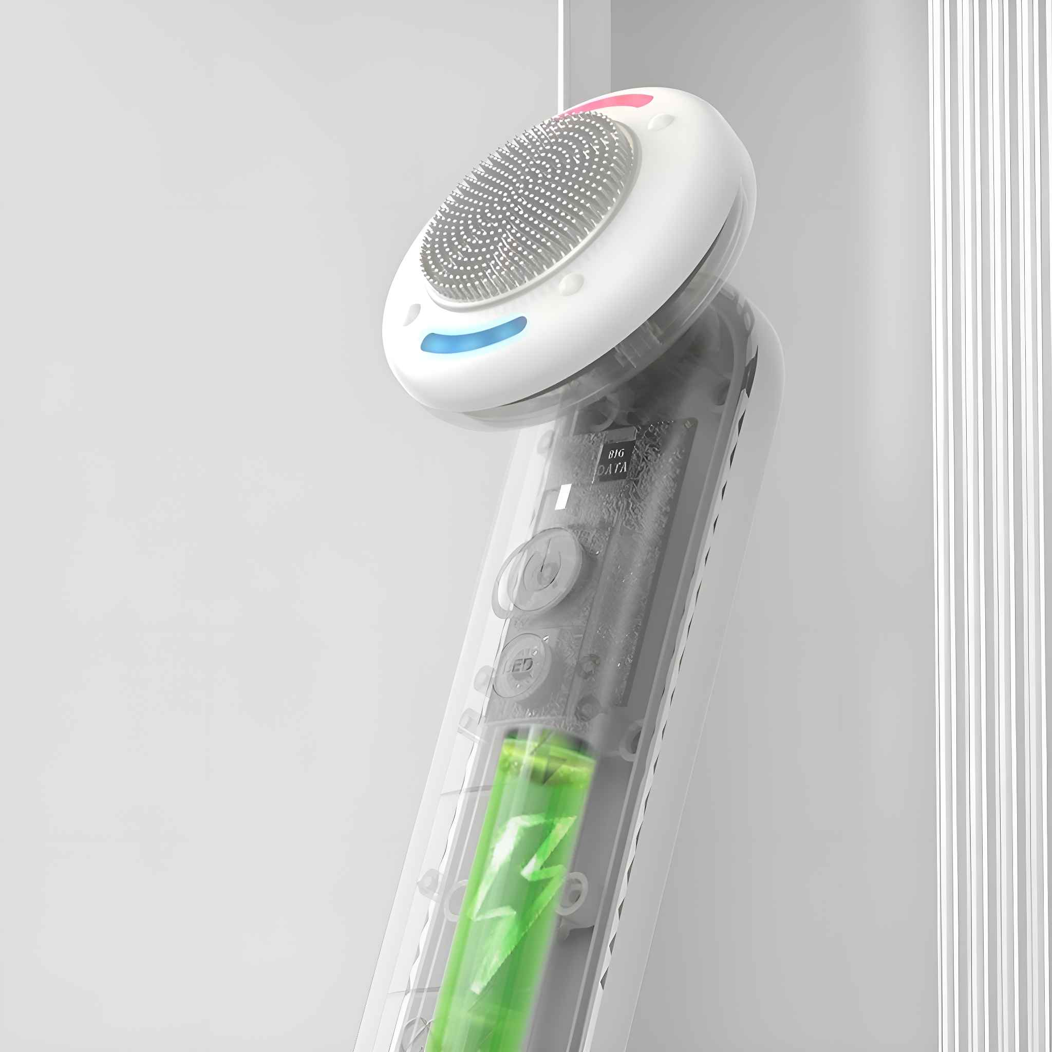 Ein transparentes Gerät mit einer grünen Batterie, einem weißen Kopf und blauen und roten Lichtern.