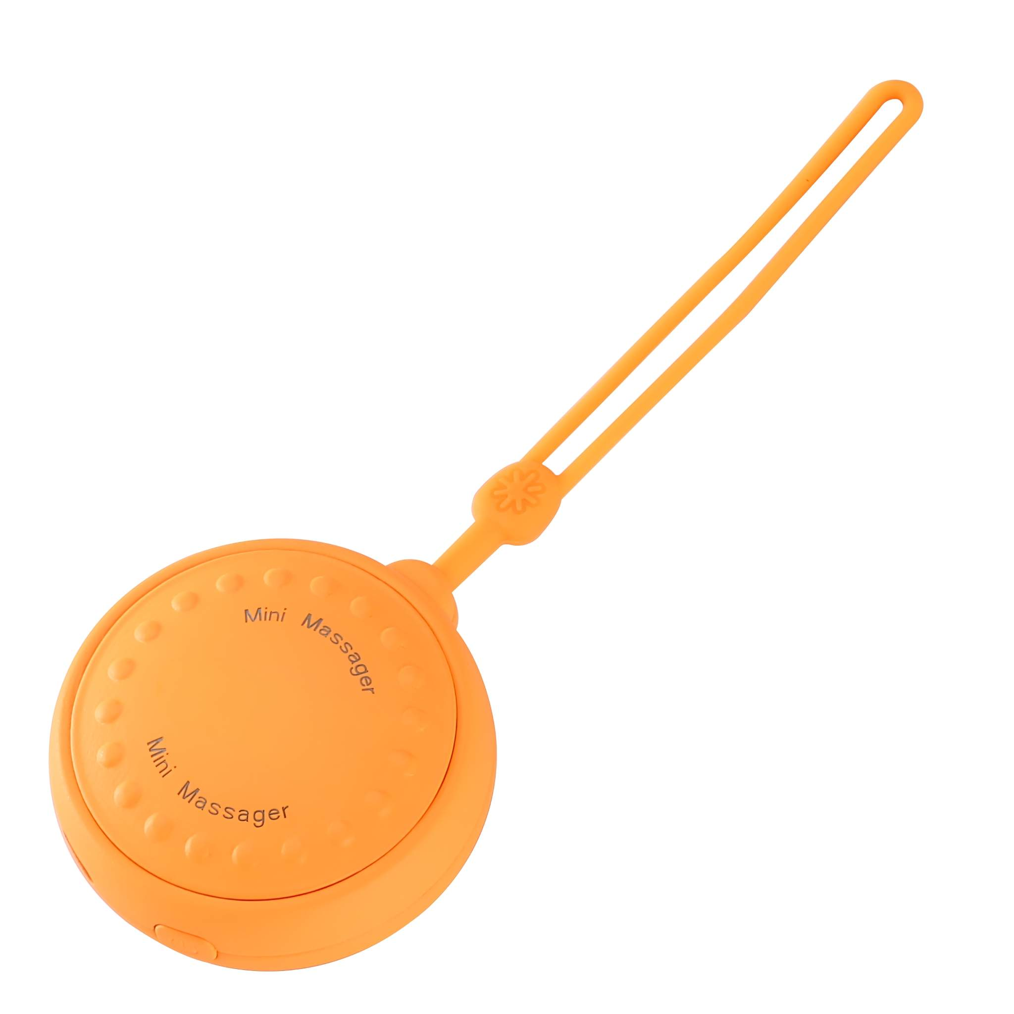 Ein orangefarbenes Mini-Massagegerät mit Schlaufe. Das Gerät ist mit Mini Massager beschriftet.