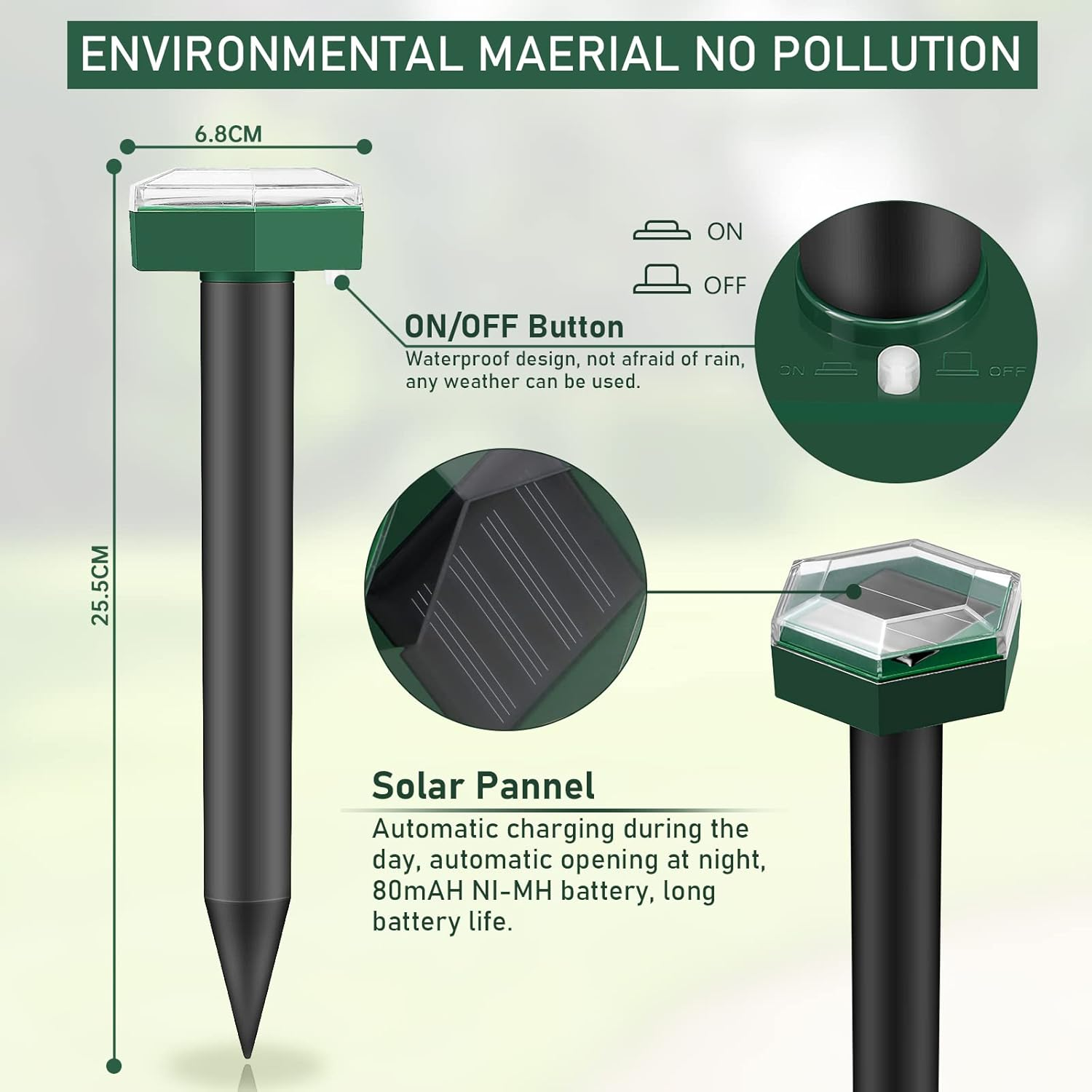 Grüner und schwarzer Schädlingsbekämpfer. Details: Abmessungen, Ein-/Aus-Taste, Solarpanel und Batterie.