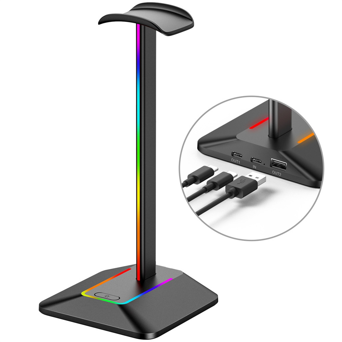 Schwarzer Kopfhörerständer mit RGB-Beleuchtung und USB-Anschlüssen. Nahaufnahme.