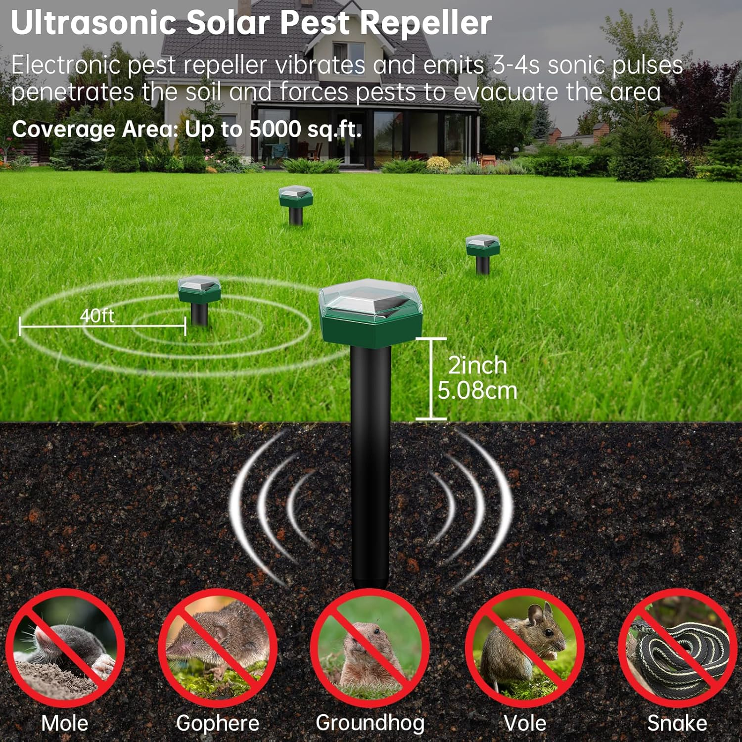 Solar-Schädlingsbekämpfer auf einem grasbewachsenen Feld. Das Bild enthält Text über das Produkt.