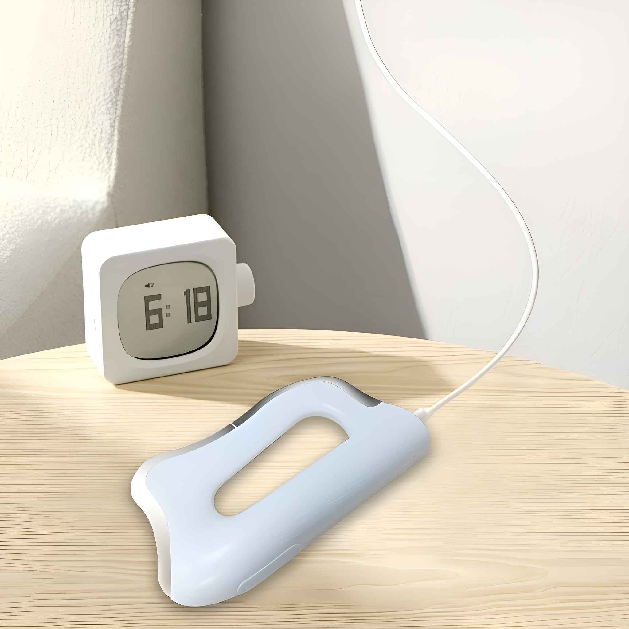 Ein weißes Körpermassagegerät mit Kabel und Digitaluhr auf einem Holztisch.