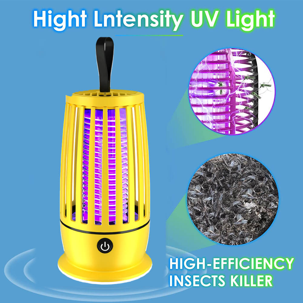 Gelber Mückentöter mit UV-Licht. Zeigt Insekten und ein Hochleistungsetikett.
