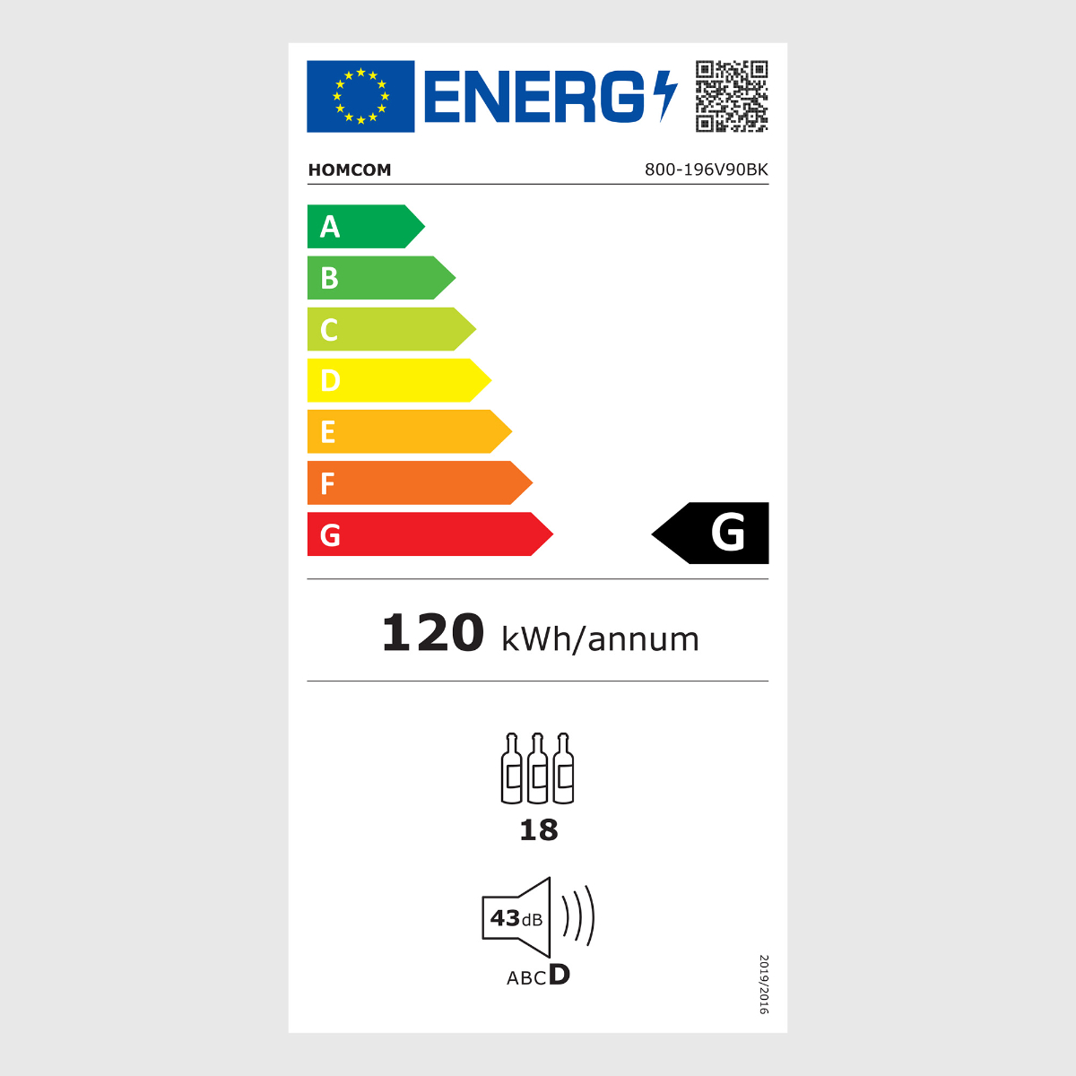Ein Energielabel zeigt die Bewertung G. Es zeigt 120 kWh/Jahr. Enthält Weinflaschen-Symbol und Schallpegel.