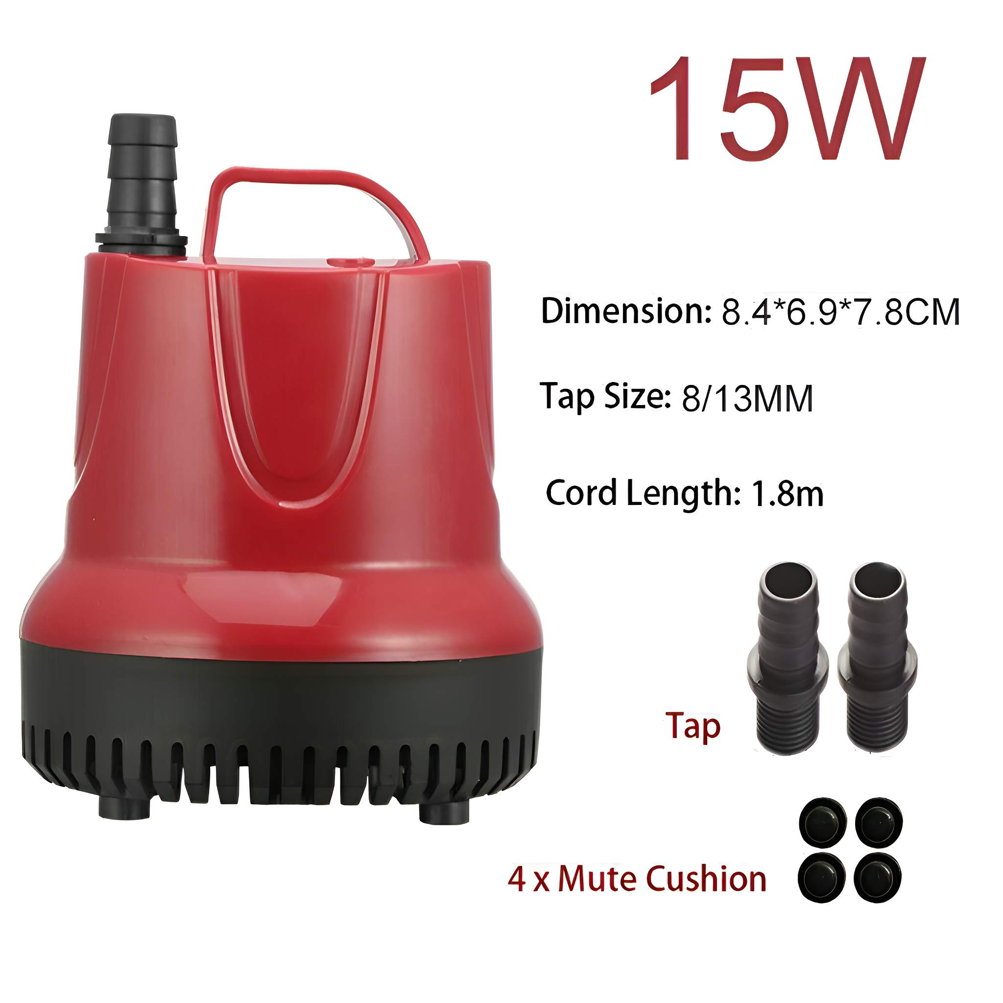 Eine rote Wasserpumpe mit schwarzem Sockel und Düsen, neben zwei Hahnanschlüssen und vier Stummschaltkissen. Weißer Hintergrund.
