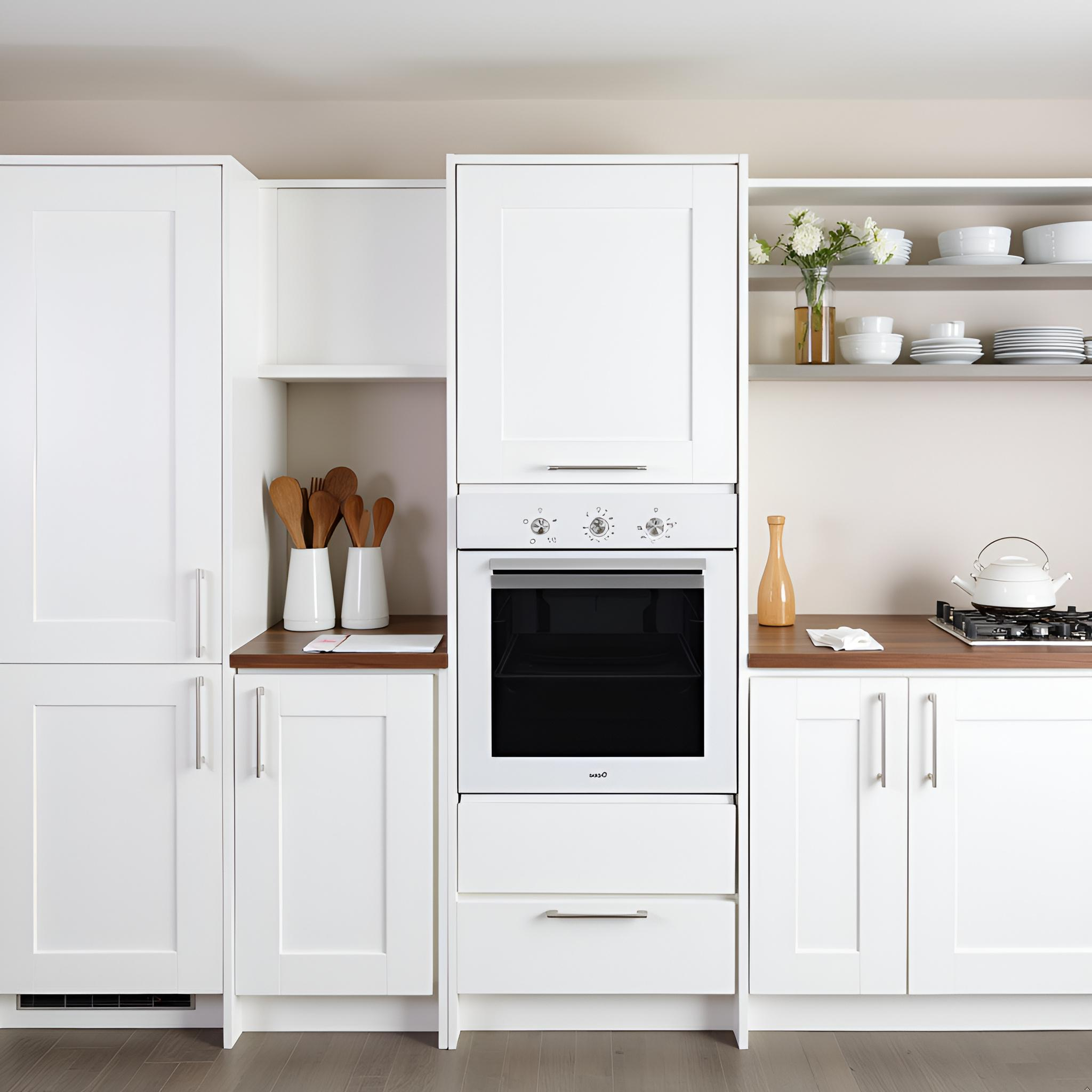 Una cocina blanca con armarios blancos, un horno y una estufa de gas, todo sobre fondo blanco.