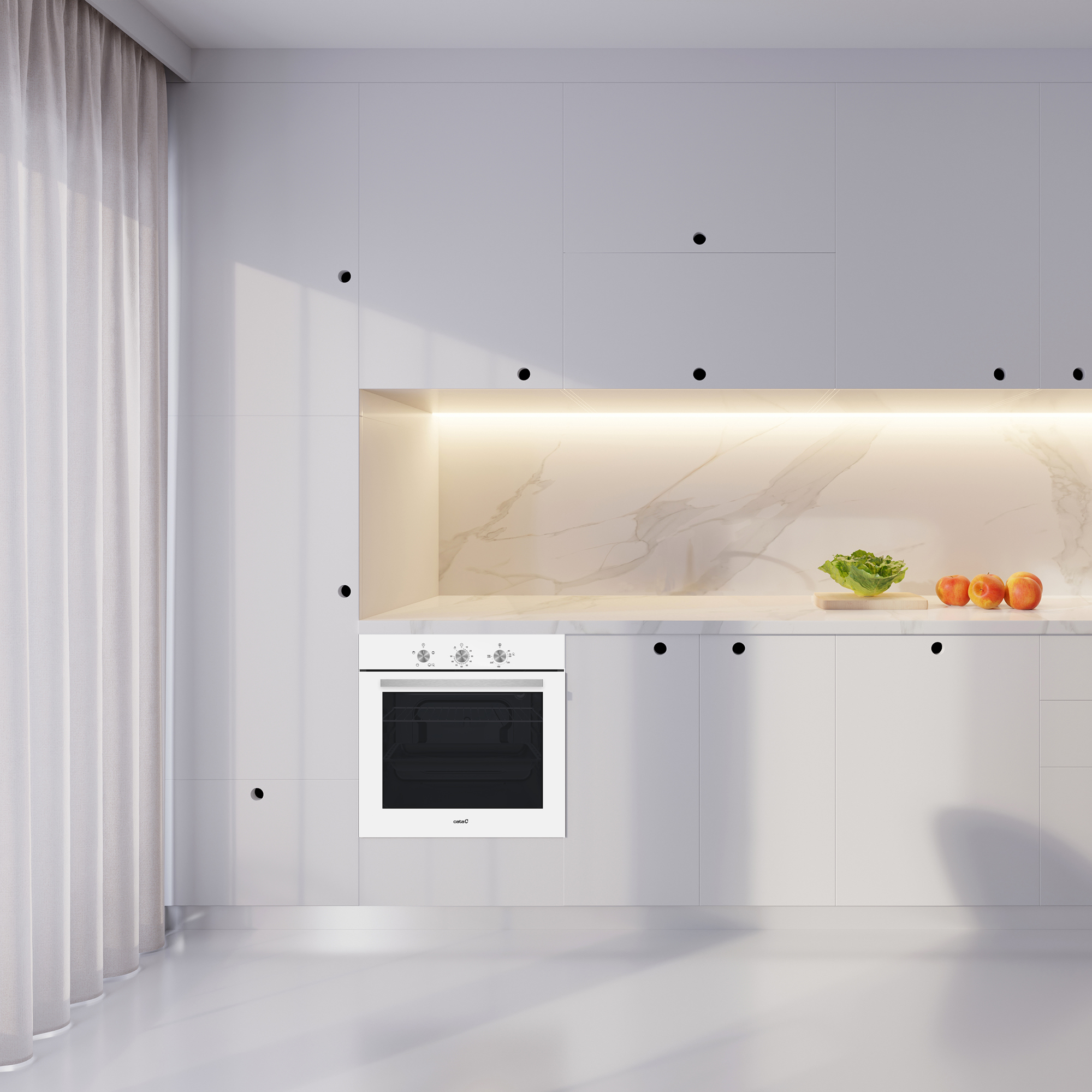 Una moderna cocina blanca con armarios blancos, horno y salpicadero de mármol, sobre fondo blanco.