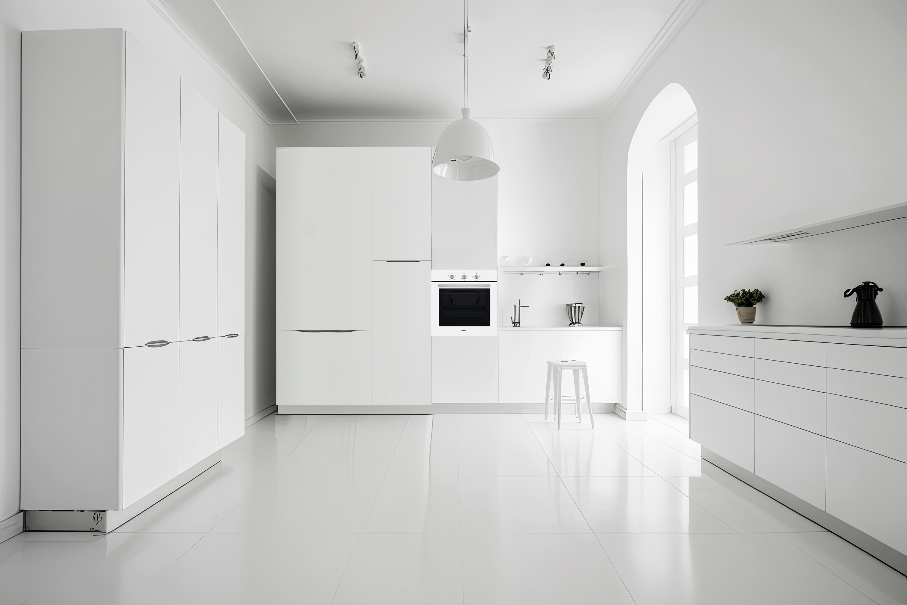 Una amplia y luminosa cocina blanca con armarios blancos, horno y un taburete blanco, sobre fondo blanco.