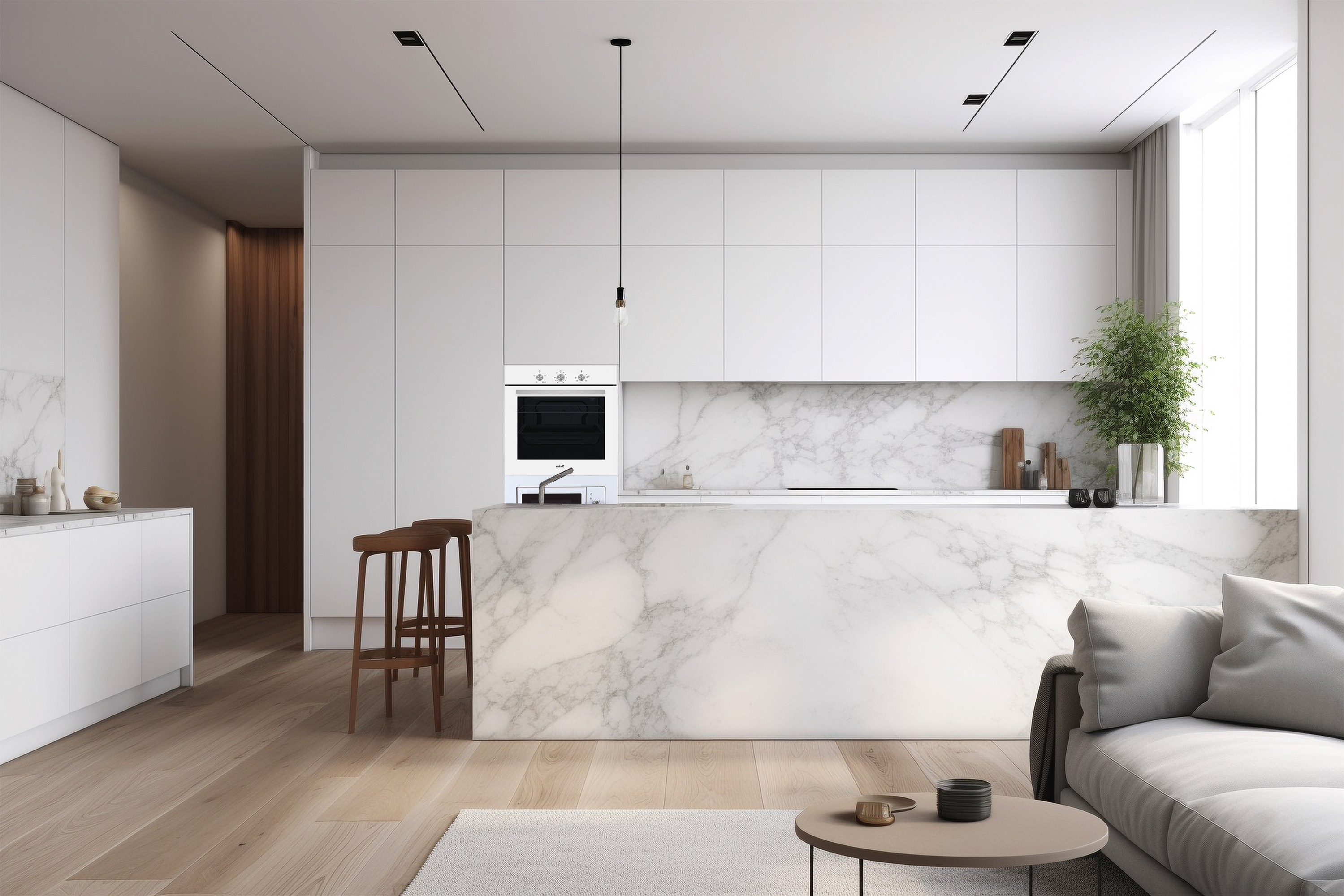 Una cocina blanca moderna con suelo de madera, isla de mármol y taburetes.