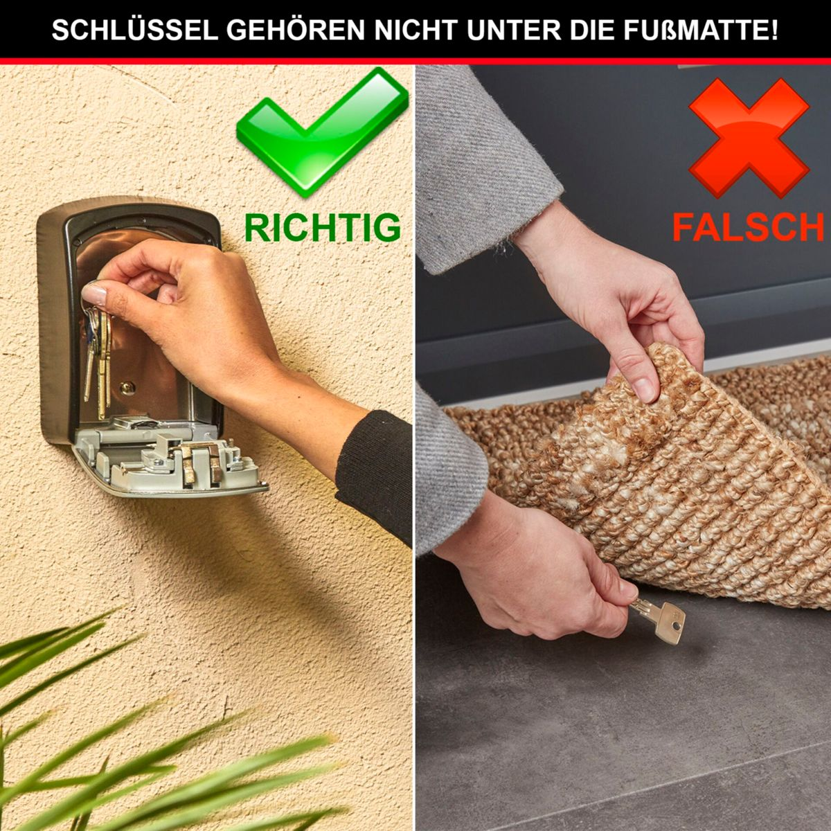 Das Bild zeigt zwei Hände, eine platziert Schlüssel richtig, die andere falsch unter der Fußmatte.