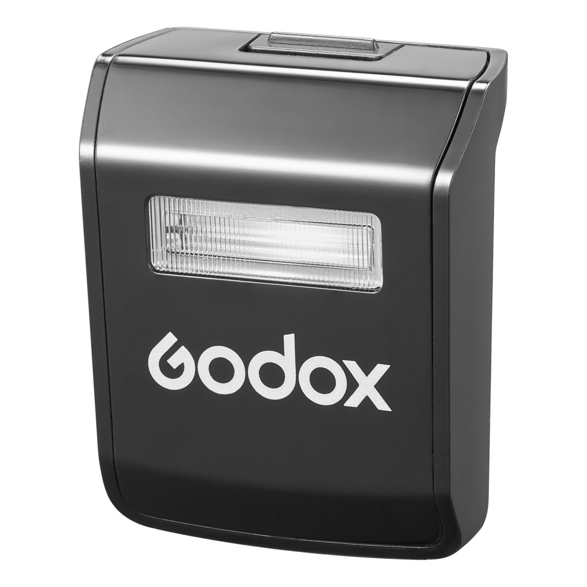 Czarna lampa błyskowa z logo 'Godox'. Posiada prostokątną lampę błyskową i przycisk.
