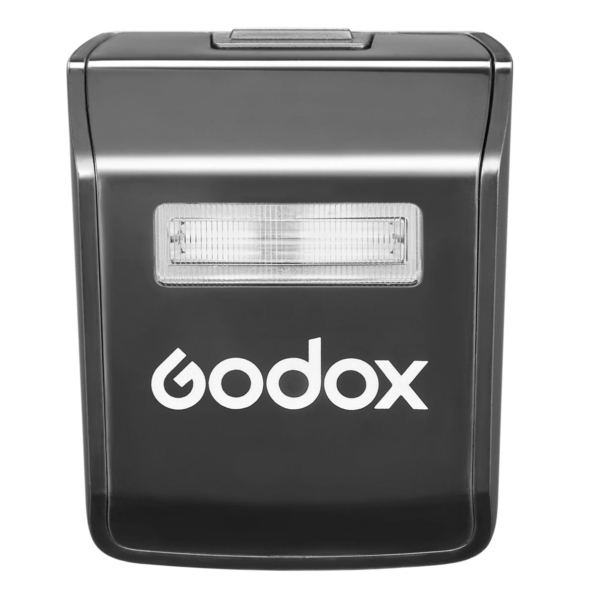 Czarna lampa błyskowa Godox z dużym, białym logo Godox i prostokątną lampą błyskową z przodu.